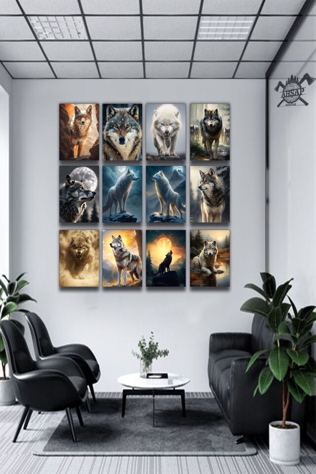 12 parça Ulu Kurt Çerçeve Görünümlü Mdf tablo Duvar Süsü Hediyelik Eşya Kurt