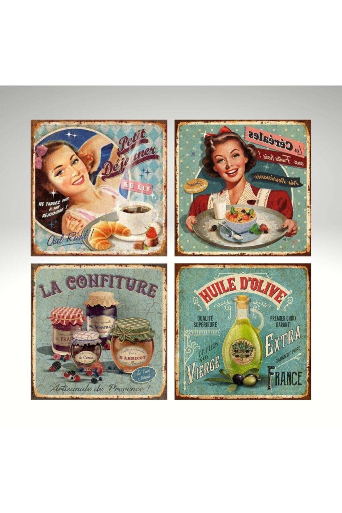 Retro Vintage Ahşap Tablo Seti 4 Lü