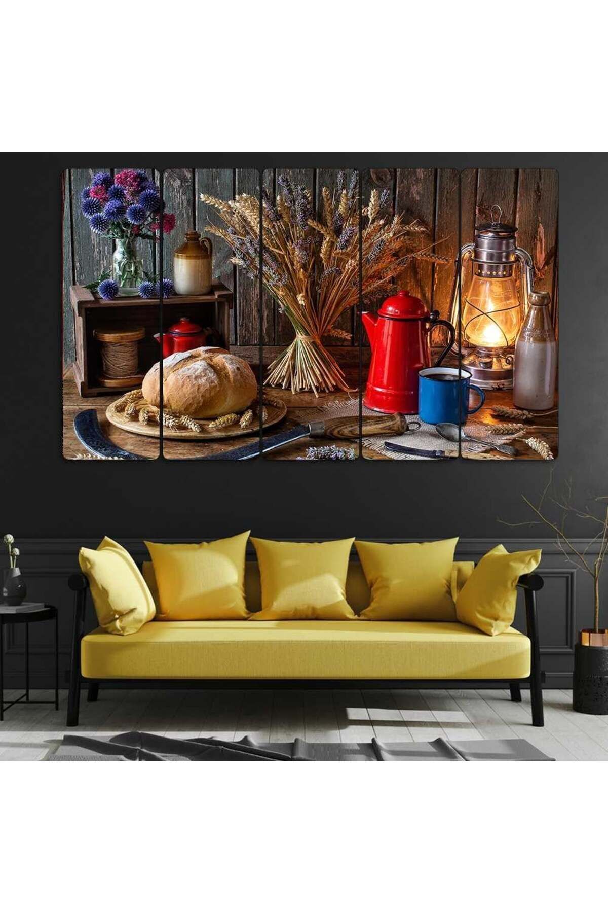 Buğday, Ekmek, Gaz Lambası, Sıcak Çay - 5 Parçalı Tablo
