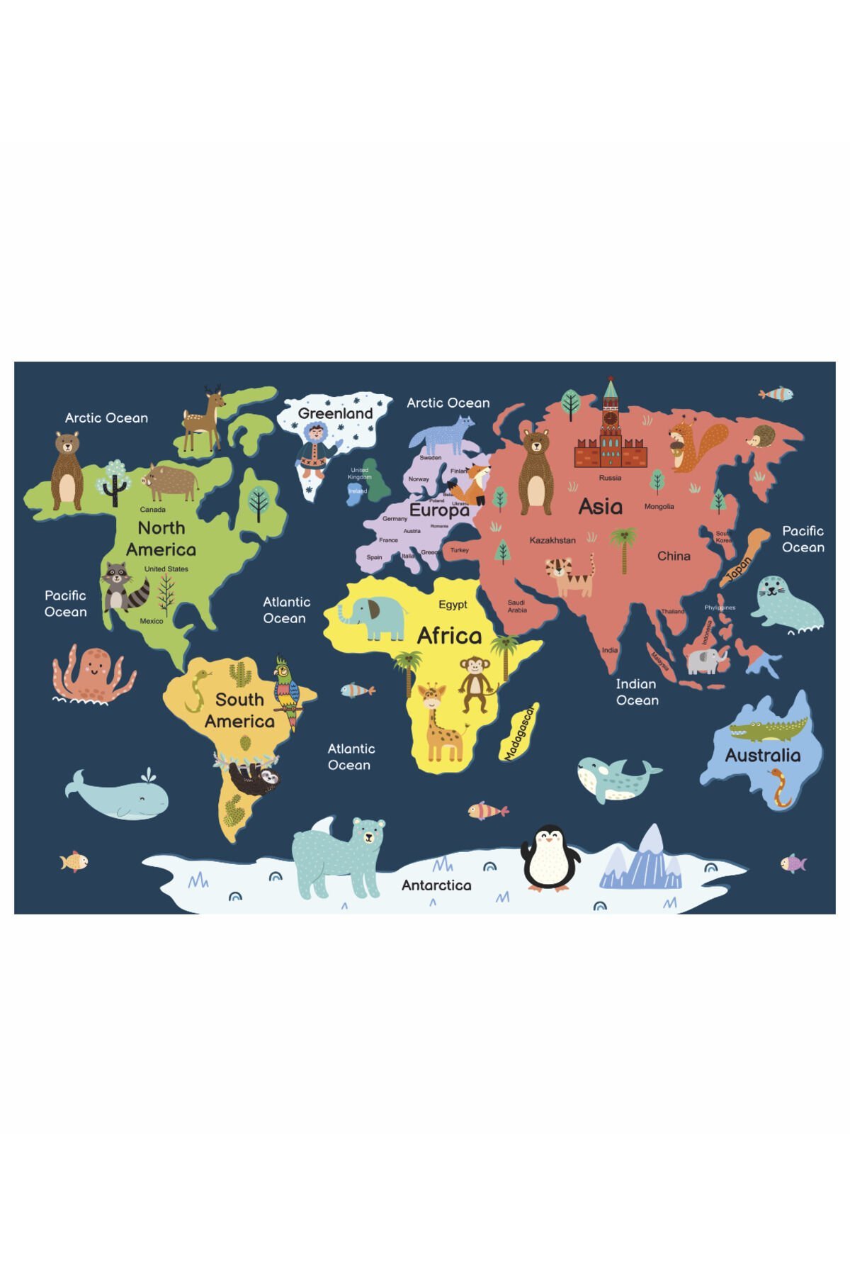 çocuklar için ingilizce resimli dünya haritası eğitici öğretirici retro ahşap poster