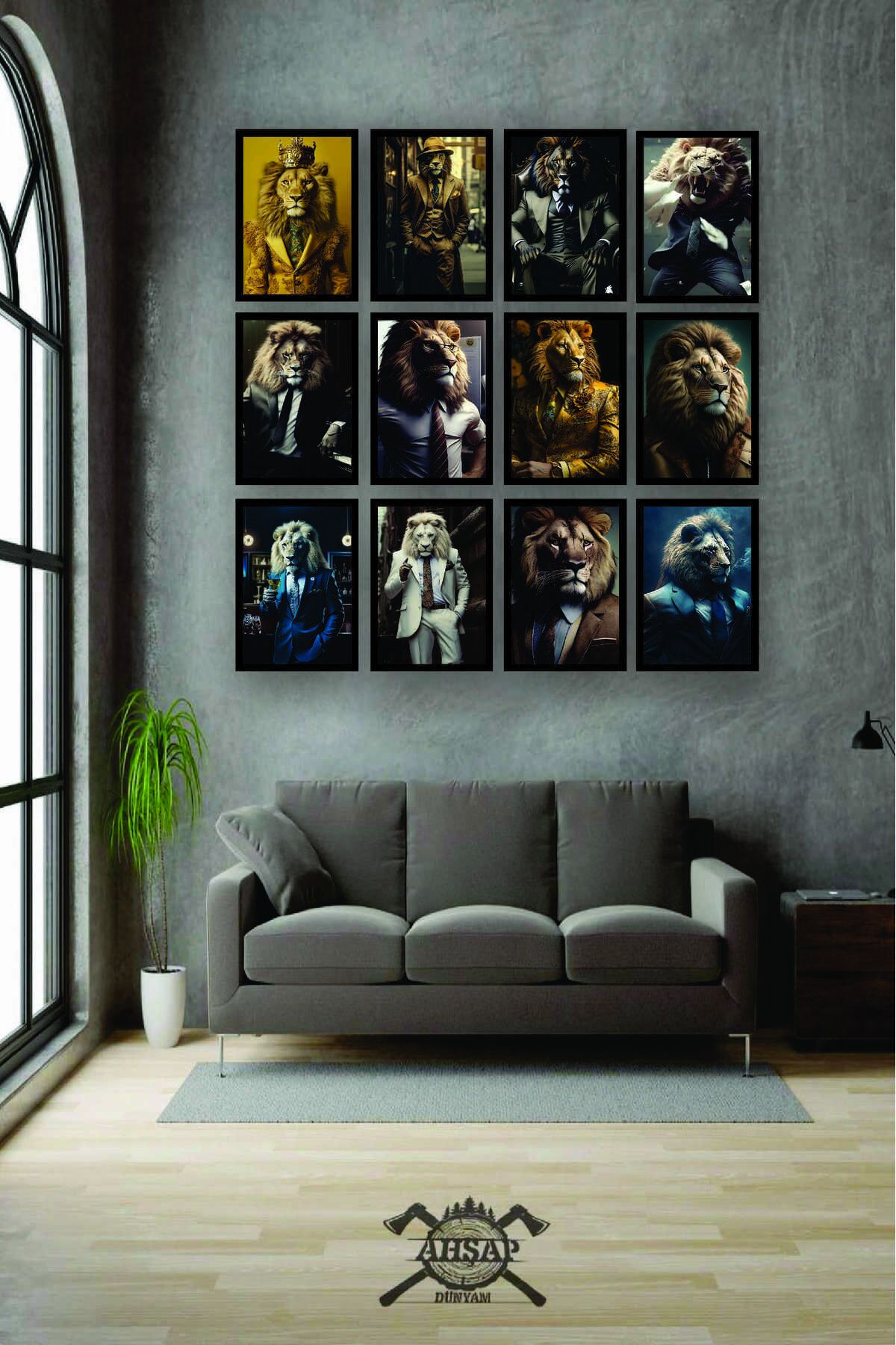 12 parça Aslan İnsan Çerçeve Görünümlü Mdf tablo Duvar Süsü Hediyelik Eşya Aslan İş Elbise