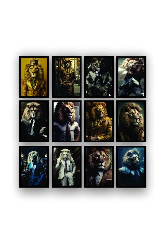 12 parça Aslan İnsan Çerçeve Görünümlü Mdf tablo Duvar Süsü Hediyelik Eşya Aslan İş Elbise