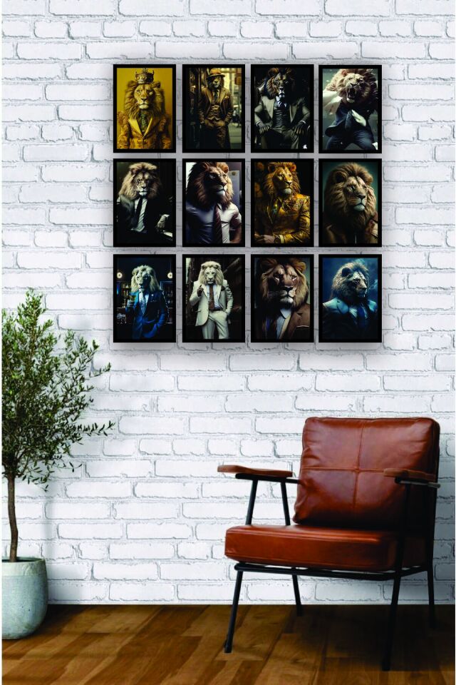 12 parça Aslan İnsan Çerçeve Görünümlü Mdf tablo Duvar Süsü Hediyelik Eşya Aslan İş Elbise