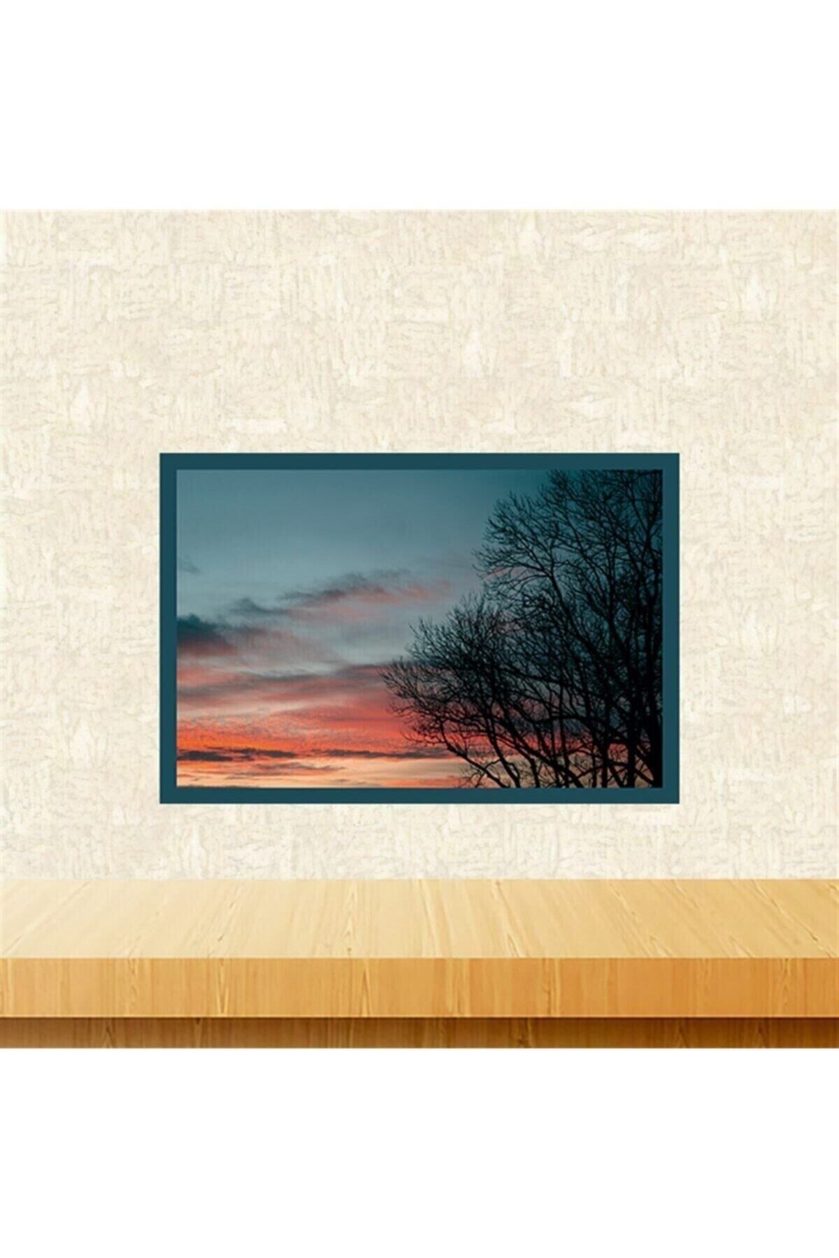 Kızıl Mavi Gökyüzü Tasarımlı Retro Ahşap Tablo Tkfx6023