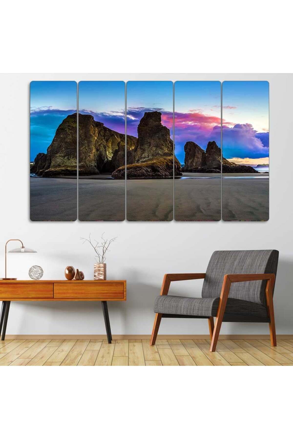 Kumsal, Dev Kayalıklar, Deniz, Renkli Bulutlar - 5 Parçalı Tablo