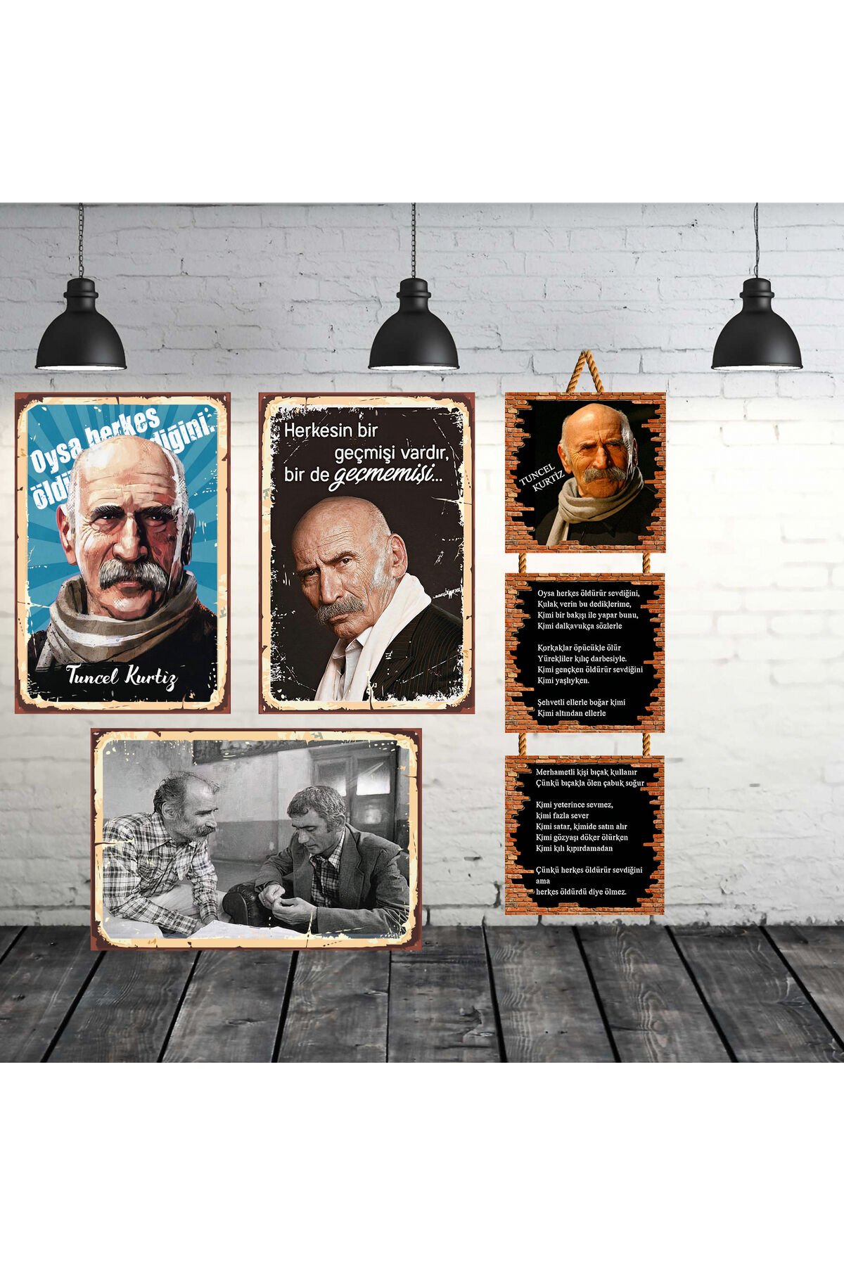 Tuncel Kurtiz Sözleri Seti 3 Adet 20x30 Cm 3 Adet 15x15 CM Retro Ahşap Tablo