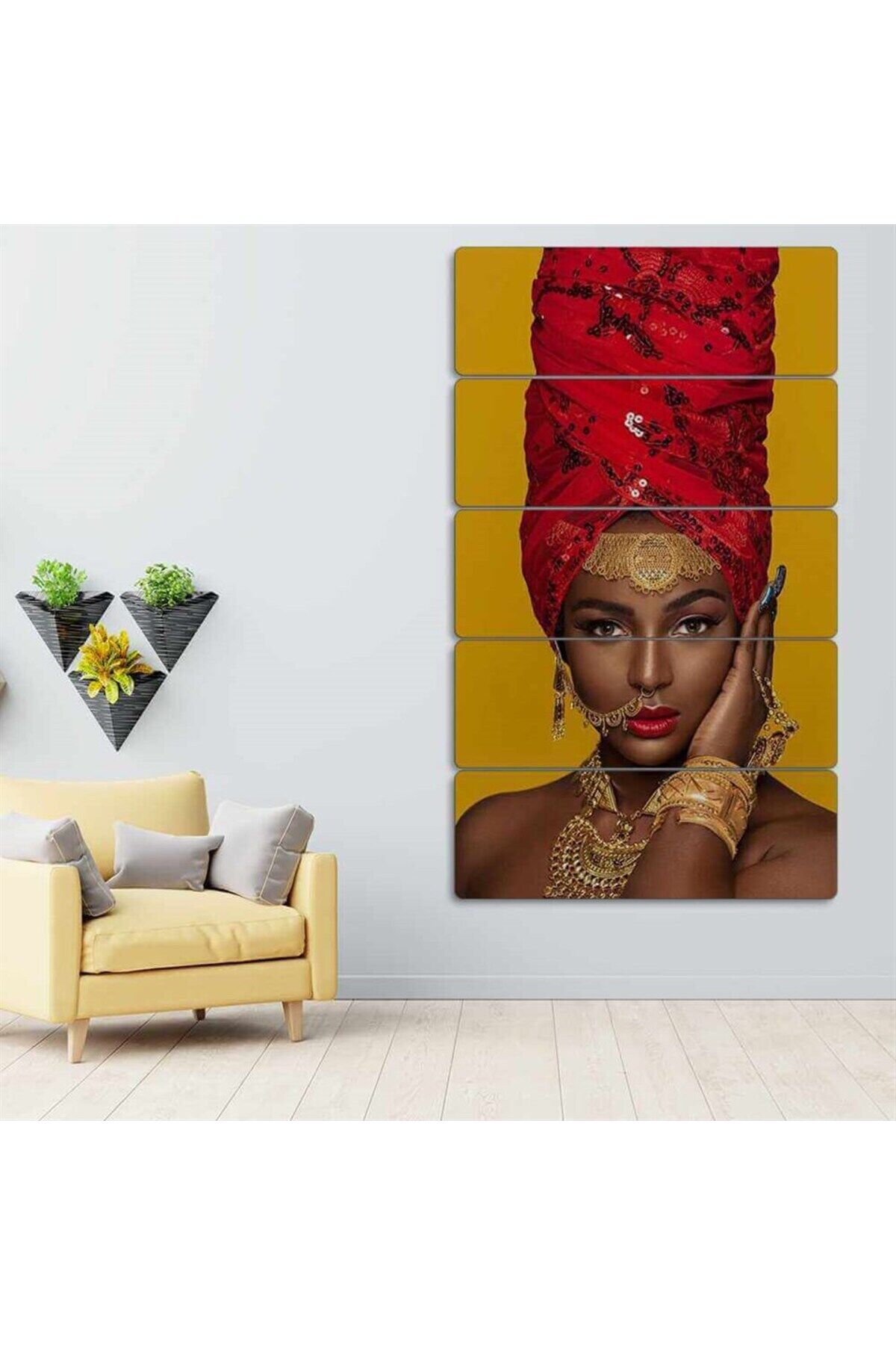 Kırmızı ve Altının Dansı - 5 Parçalı Afrikan Tablo