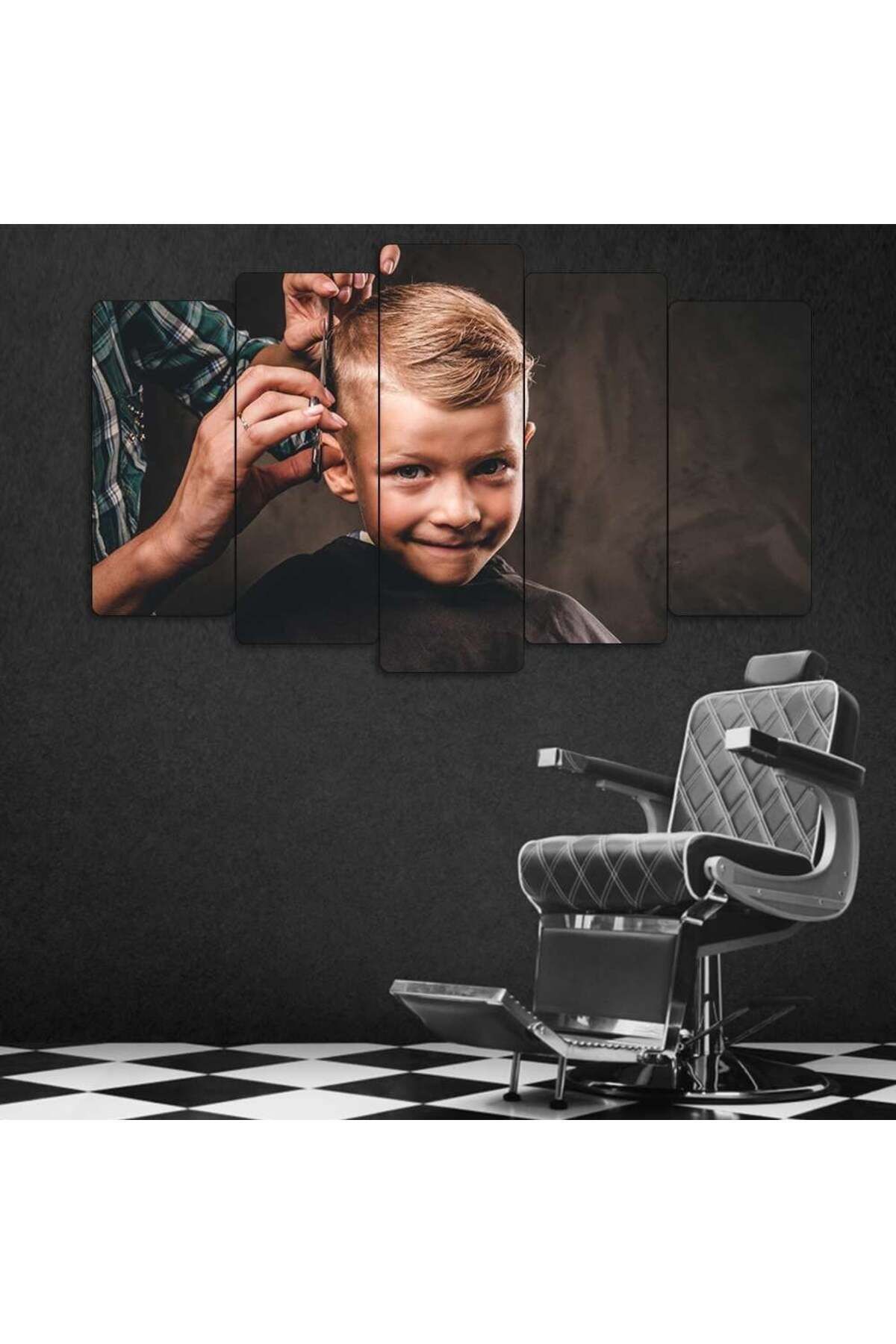 Tıraş Olan Çocuk - 5 Parçalı Berber Tablo