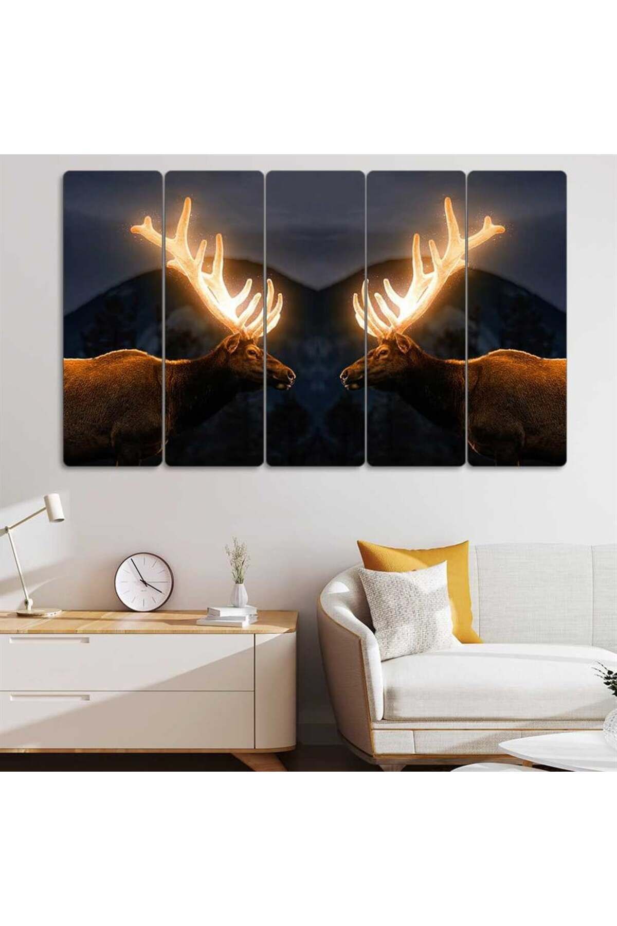 Boynuzları Parlayan Geyikler - 5 Parçalı Tablo