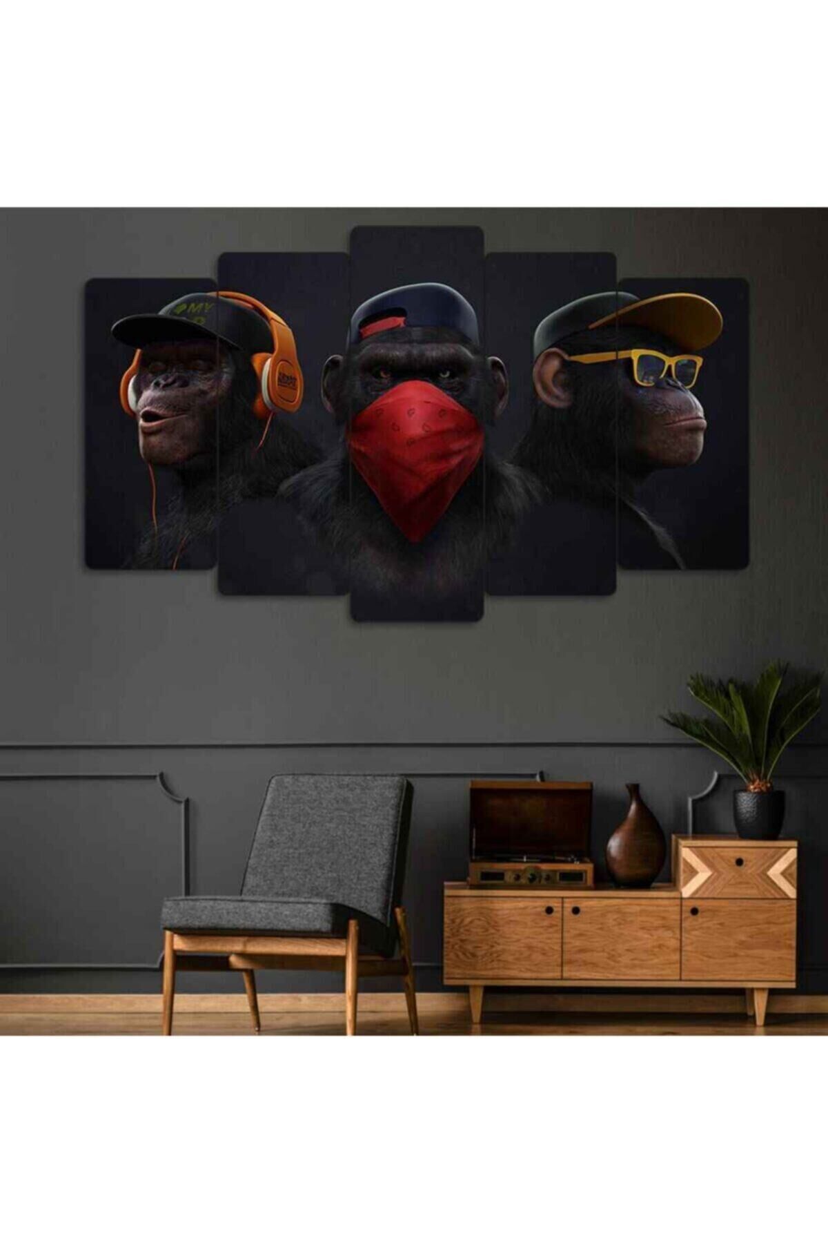 3 Maymun Görmedim Duymadım Bilmiyorum 5 Parçalı Tablo
