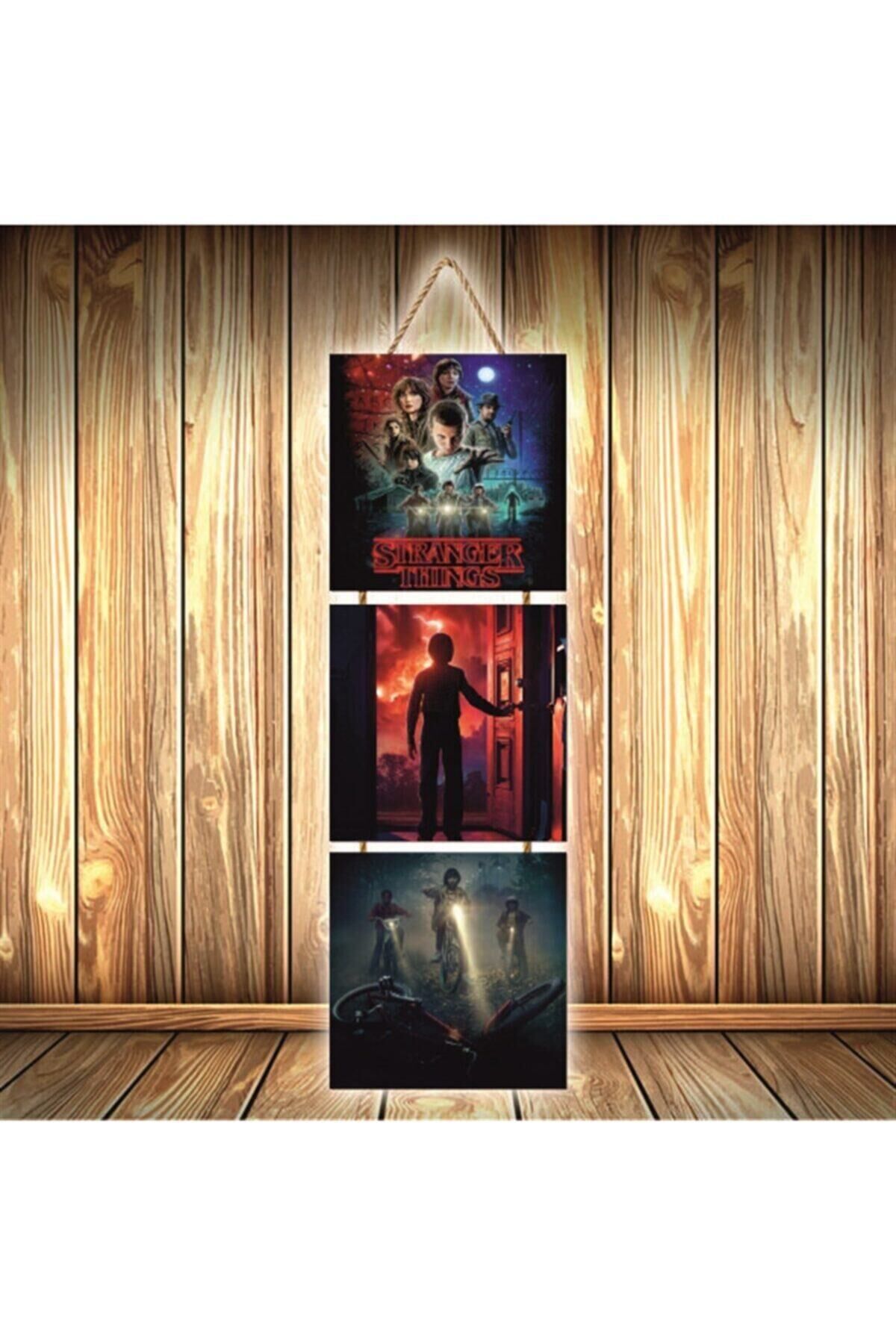 Stranger Things Tasarımlı Üçlü Retro Ahşap Poster Ü343