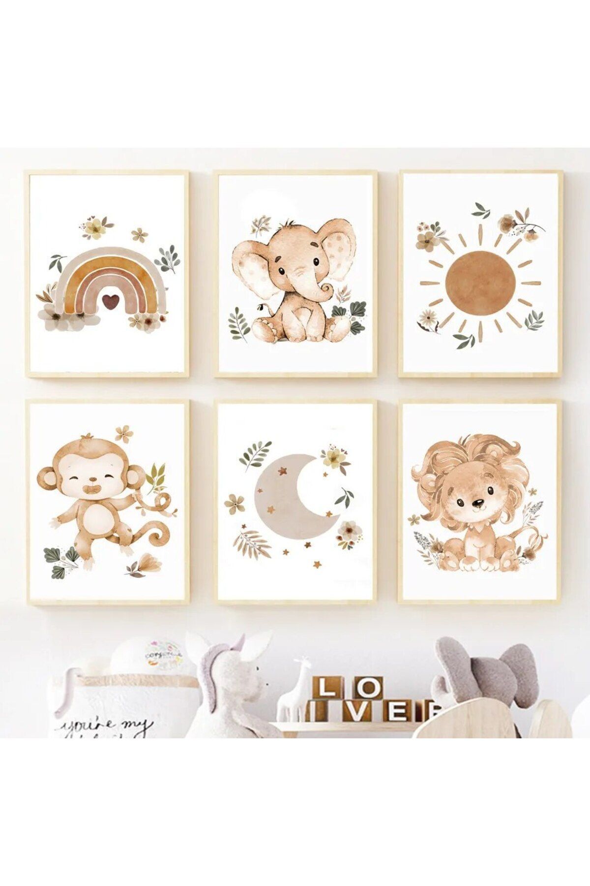 Gökkuşağı Bohem Renk Hayvanlar Temalı Çocuk Odası 6'lı Tablo Set