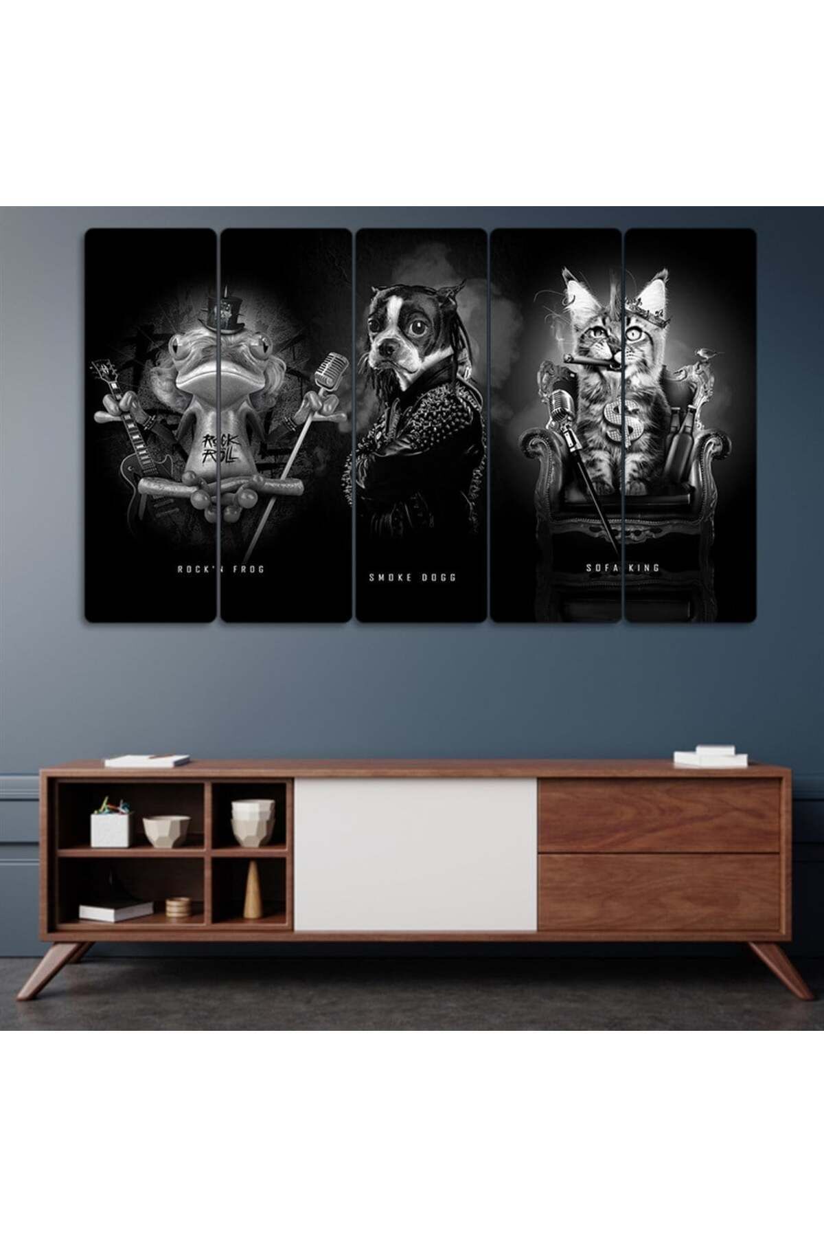 Elbiseli Hayvanlar, Kurbağa, Köpek, Kedi - 5 Parçalı Tablo