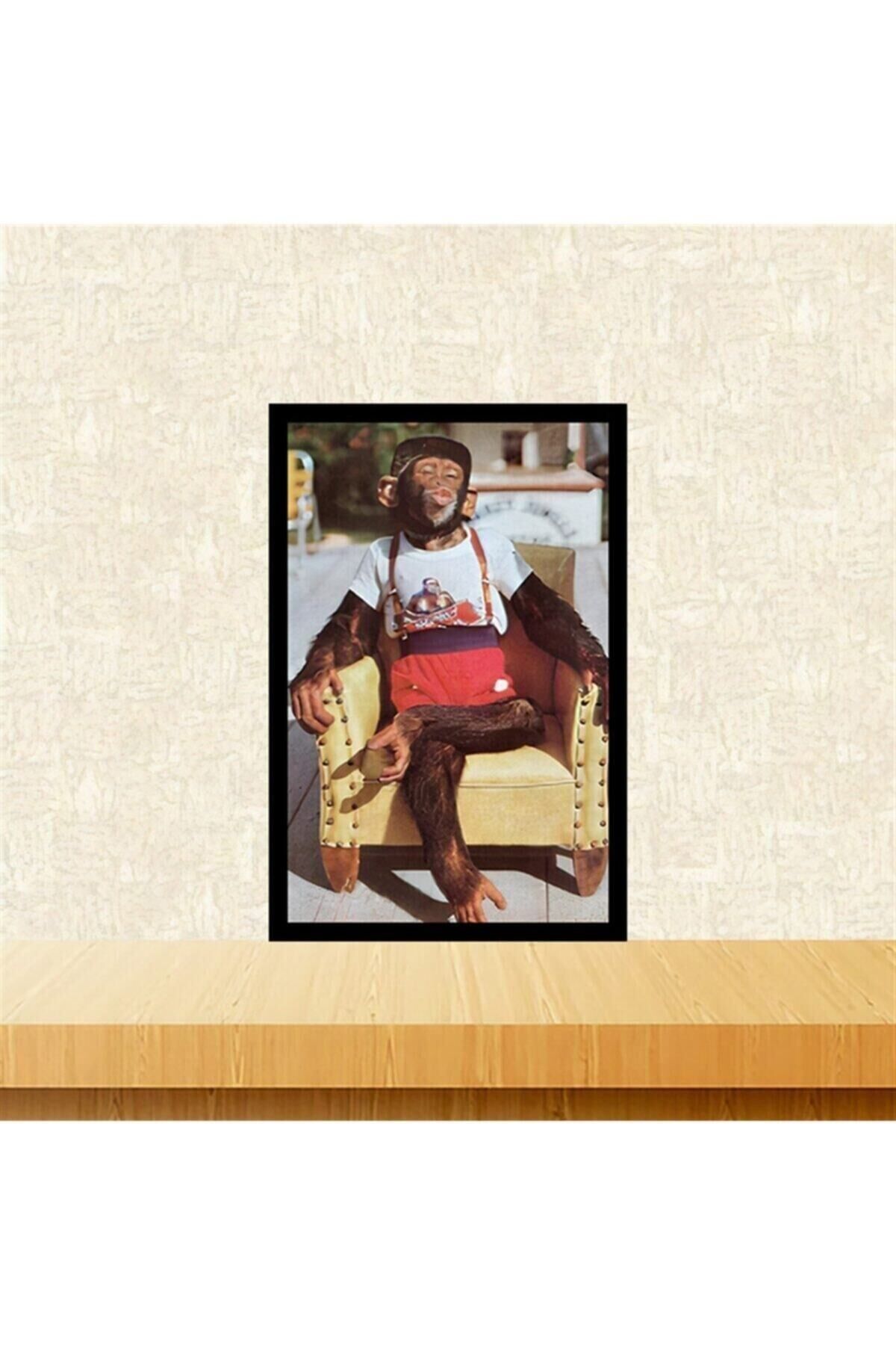 Öpücük Atan Maymun Tasarımlı 20-30 Cm Retro Ahşap Tablo Tkfx5926