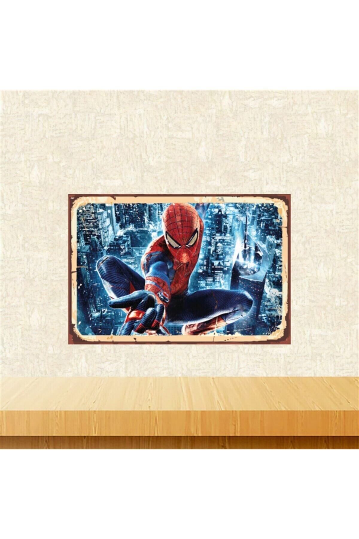 Örümcek Adam Tasarımlı Retro Ahşap Tablo 20-30 cm Tkfx5642