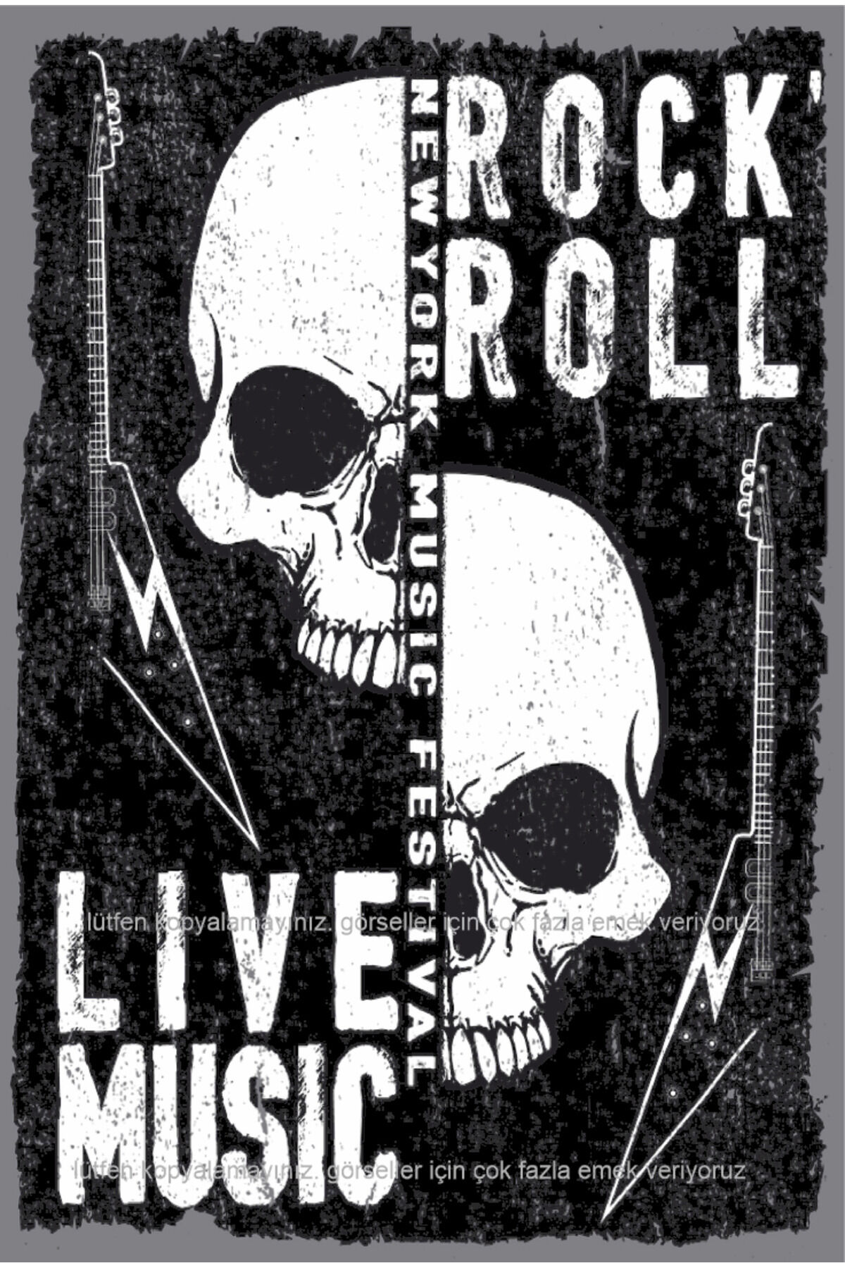 Rock n Roll Müzik Gitar Kurukafa Ev Dekorasyon Tablo Retro Ahşap poster