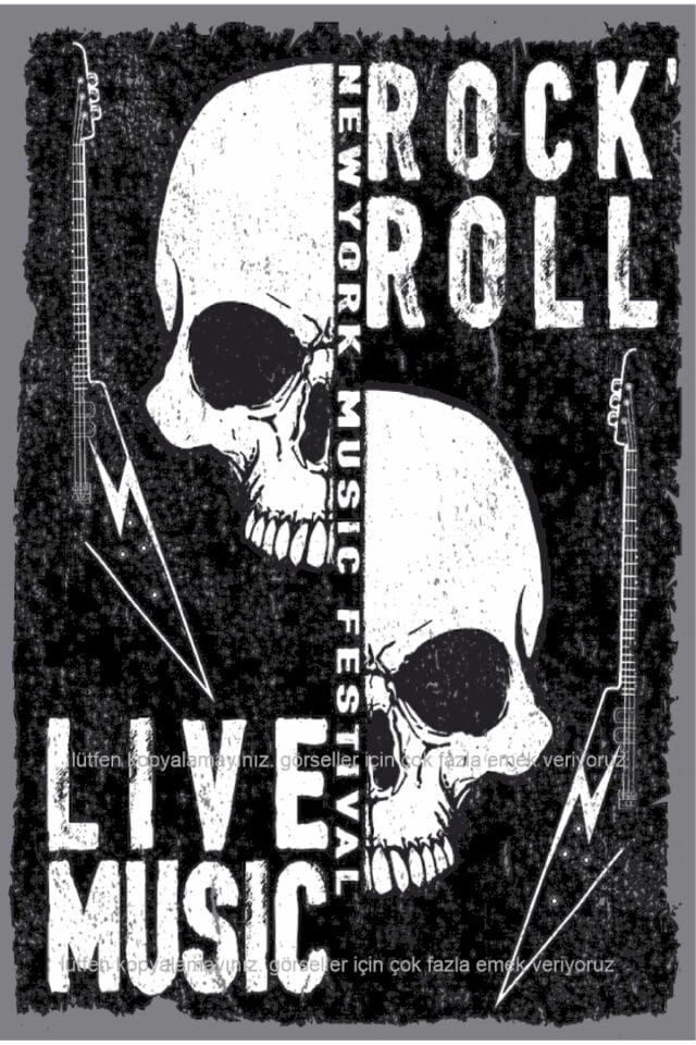 Rock n Roll Müzik Gitar Kurukafa Ev Dekorasyon Tablo Retro Ahşap poster