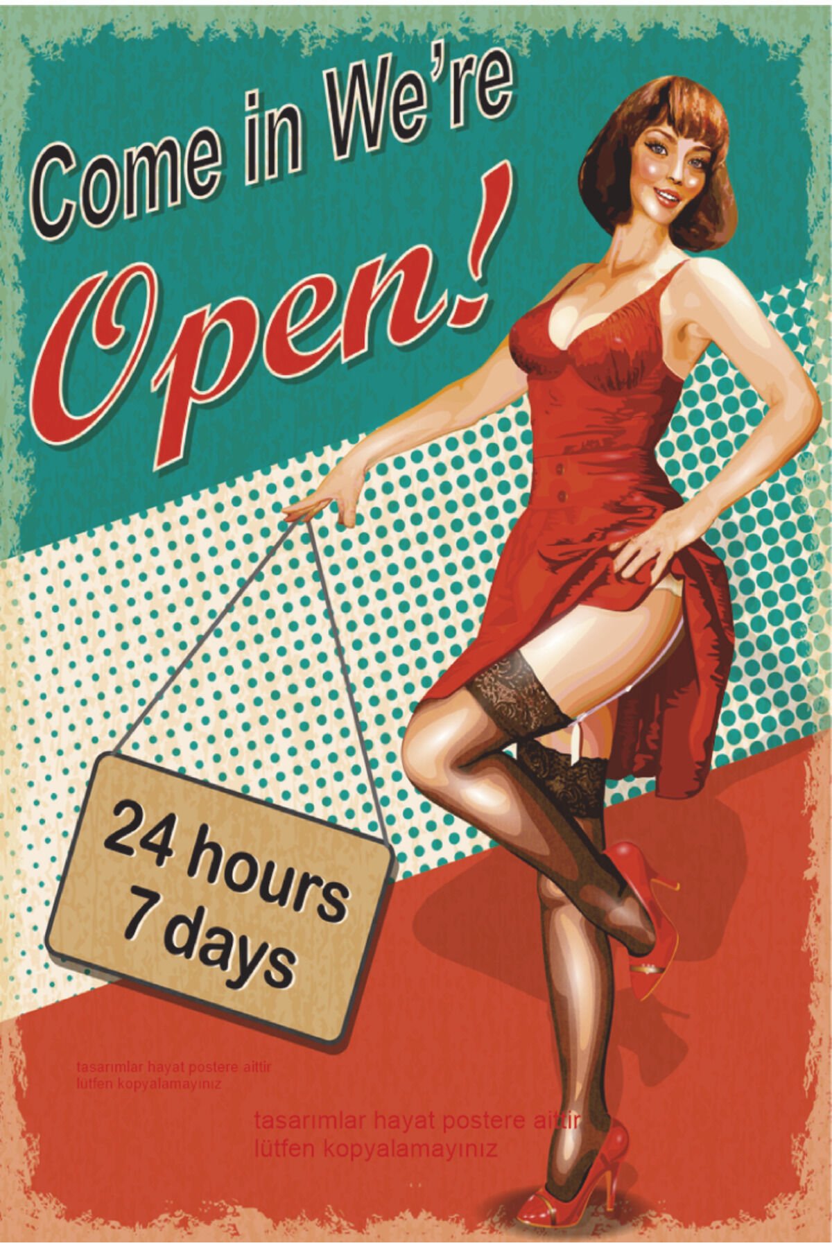 7/24 açık tabelası pinup kızı dekorasyon tablo retro ahşap poster