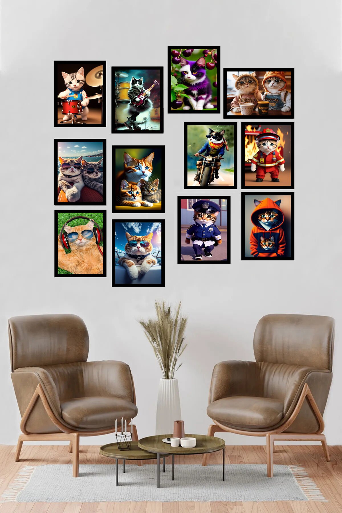 Kedi Meslekleri Kediler 12 Parça Ahşap Mdf Tablo