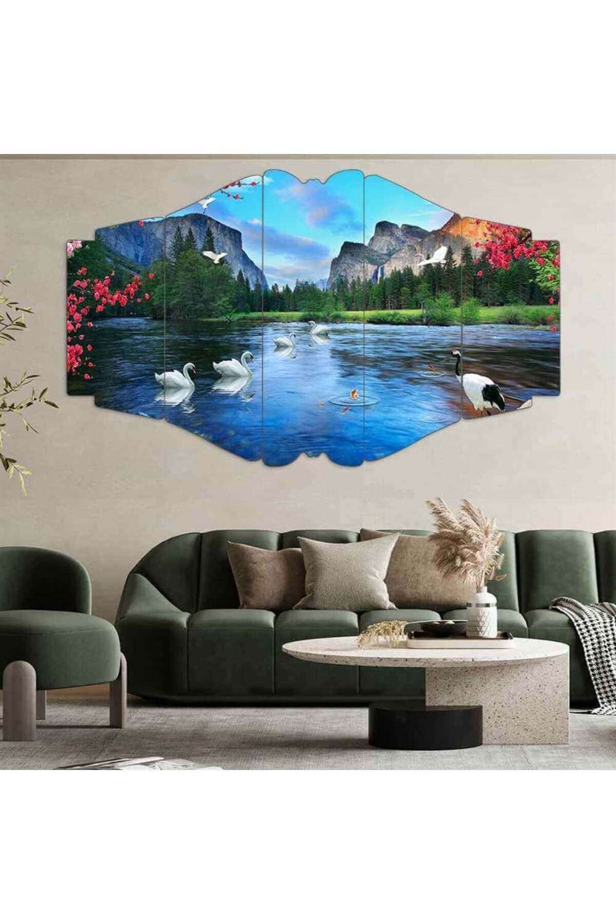 Gölde Kuğular ve Dağ Manzarası - 5 Parçalı Tablo