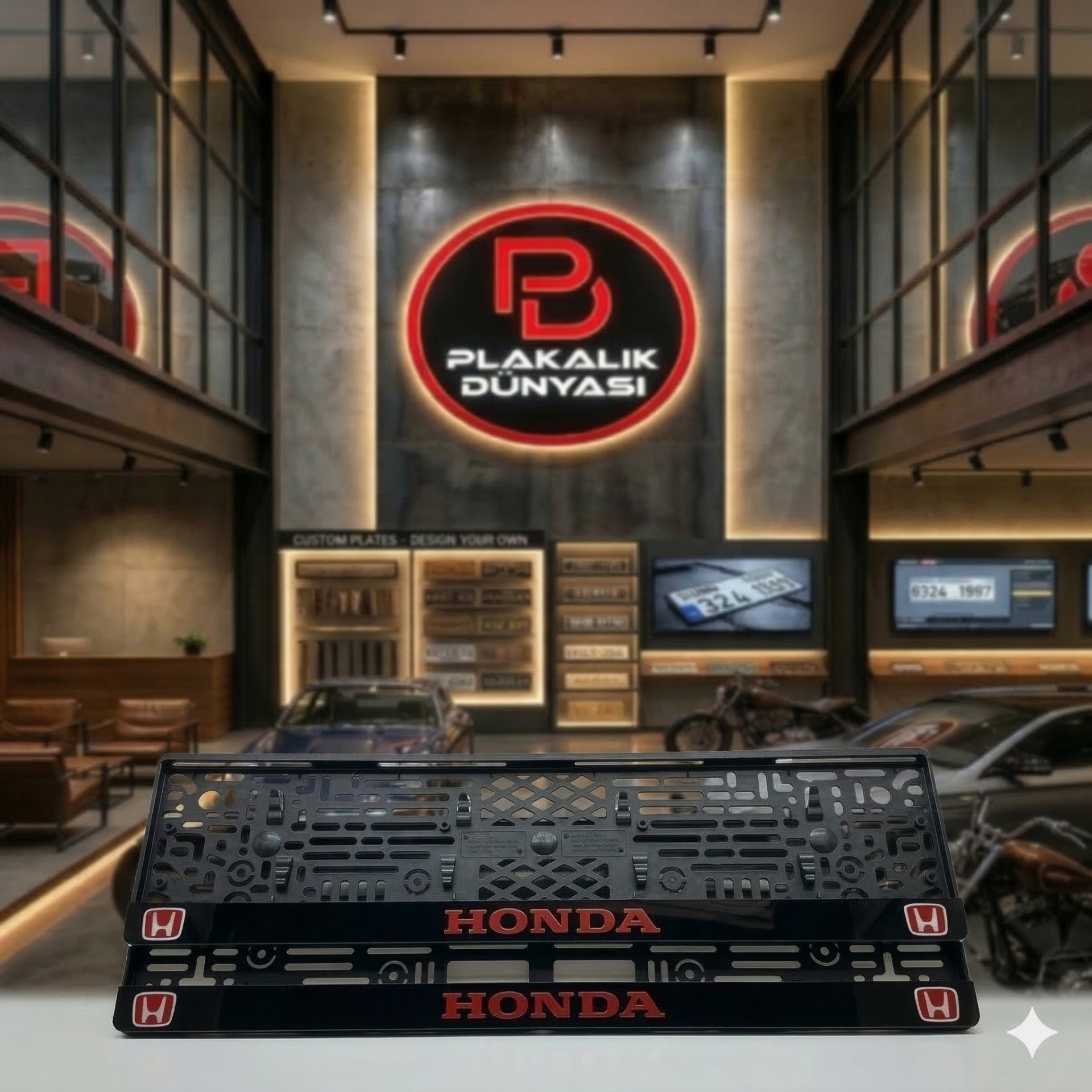 Honda Yazılı Takmatik Pleksi Plakalık (2’li Set) Lazer Kesim, 3D Kabartma, Kolay Montaj