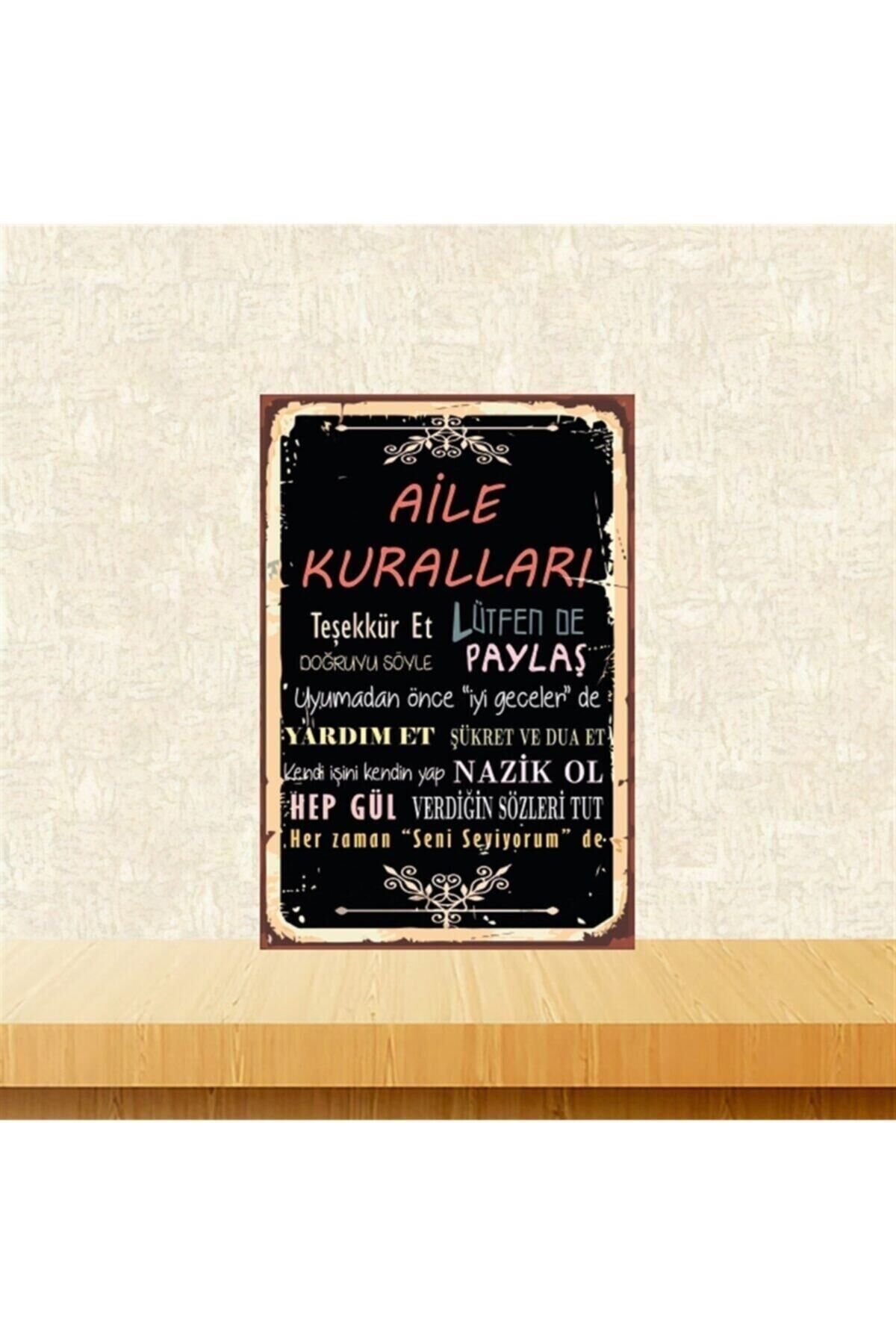 Aile Kuralları 20-30 Cm Retro Ahşap Tablo Tkfx4854