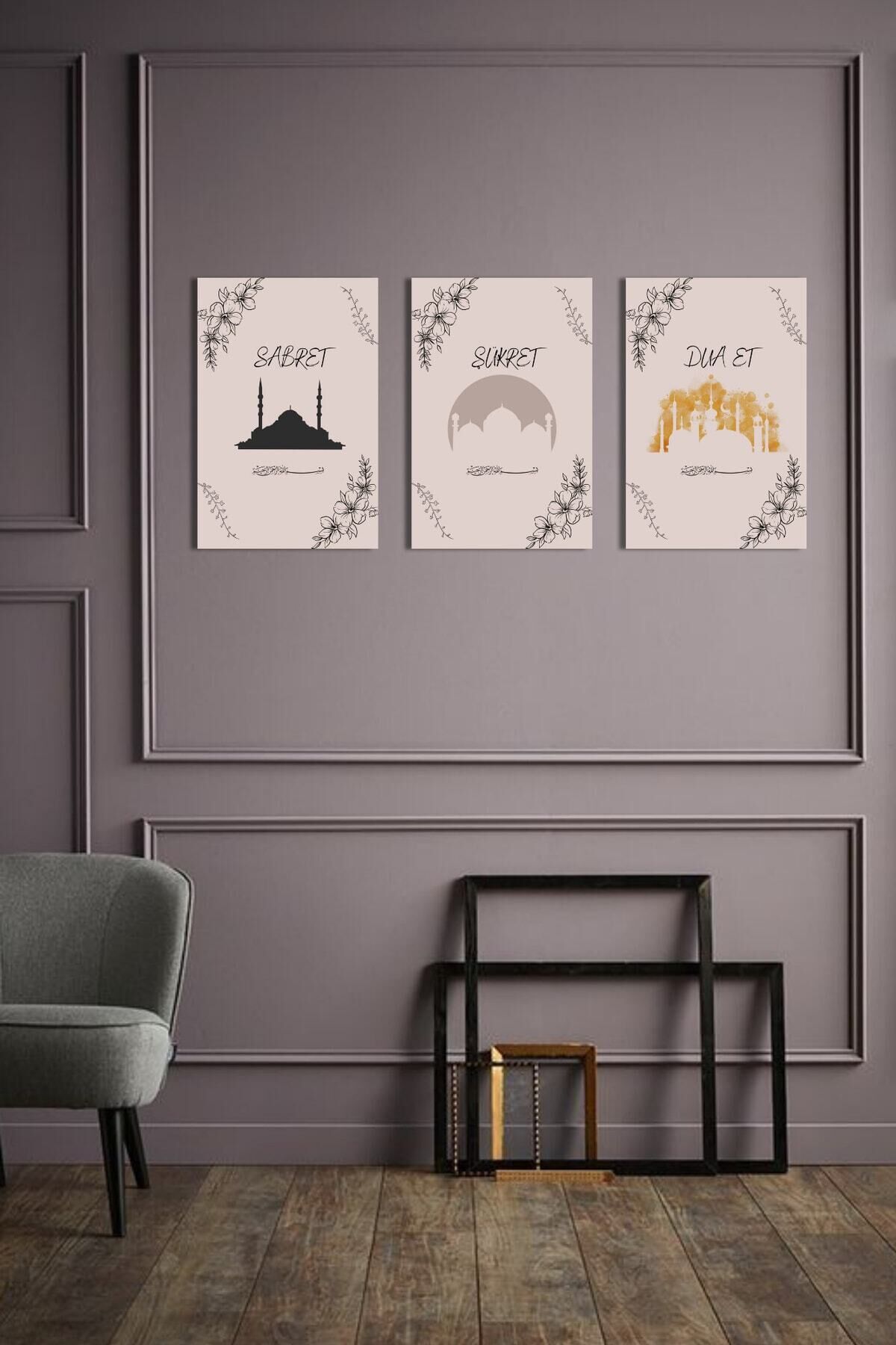 Sabret Şükret Dua Et Temalı 3 Parça Ahşap Tablo