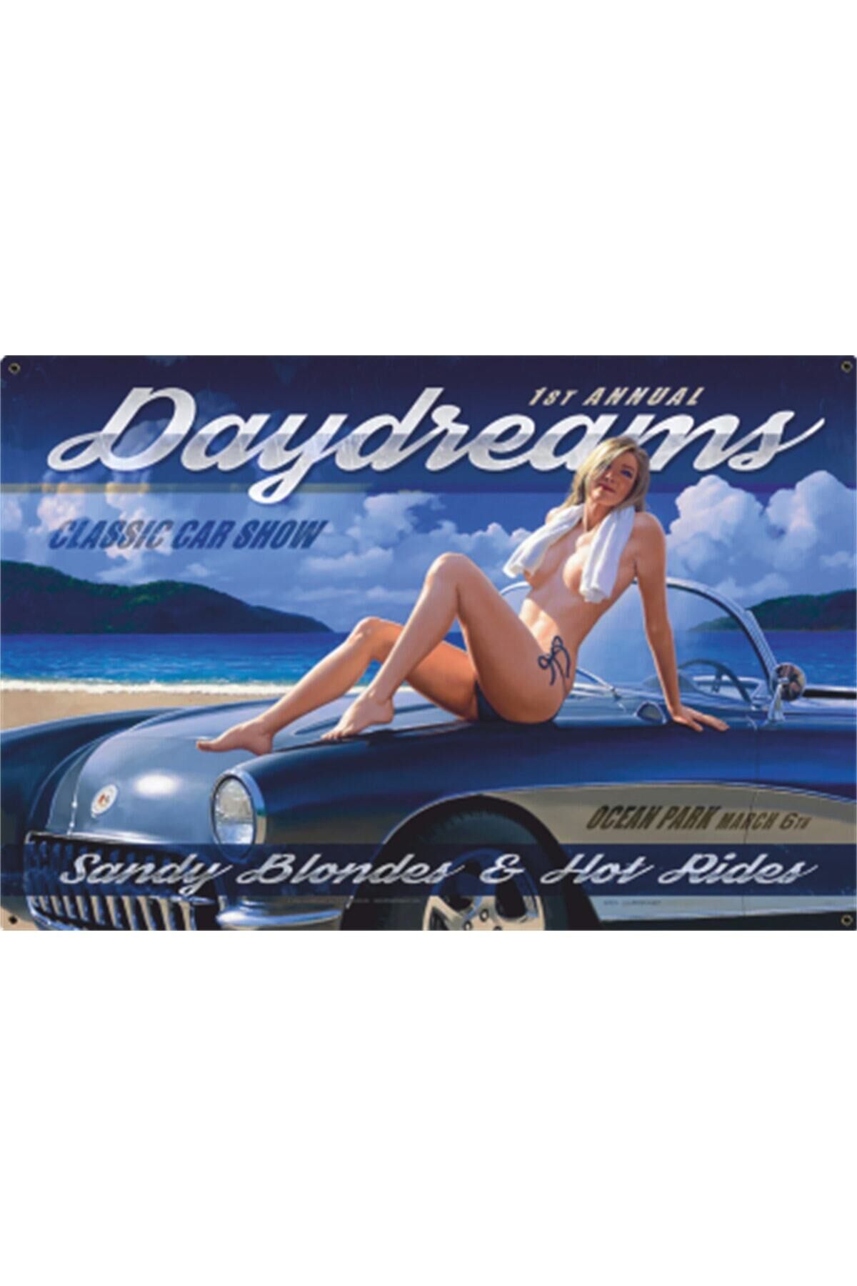 Pin Up Kızı Spor Üstü Açık Klasik Araba Retro Ahşap Poster