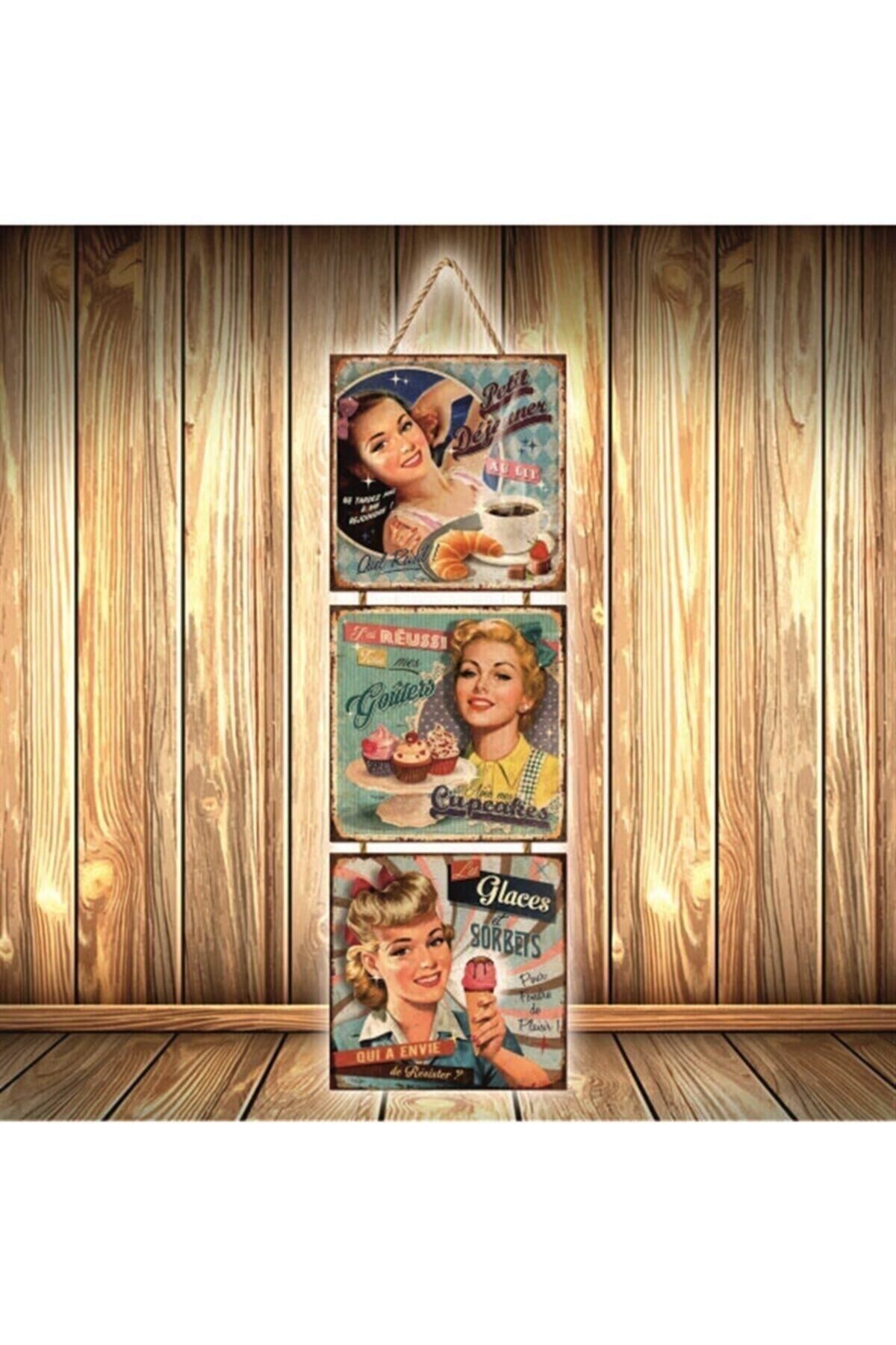 Quadro Cozinha Tasarımlı Üçlü Retro Ahşap Poster Ü328