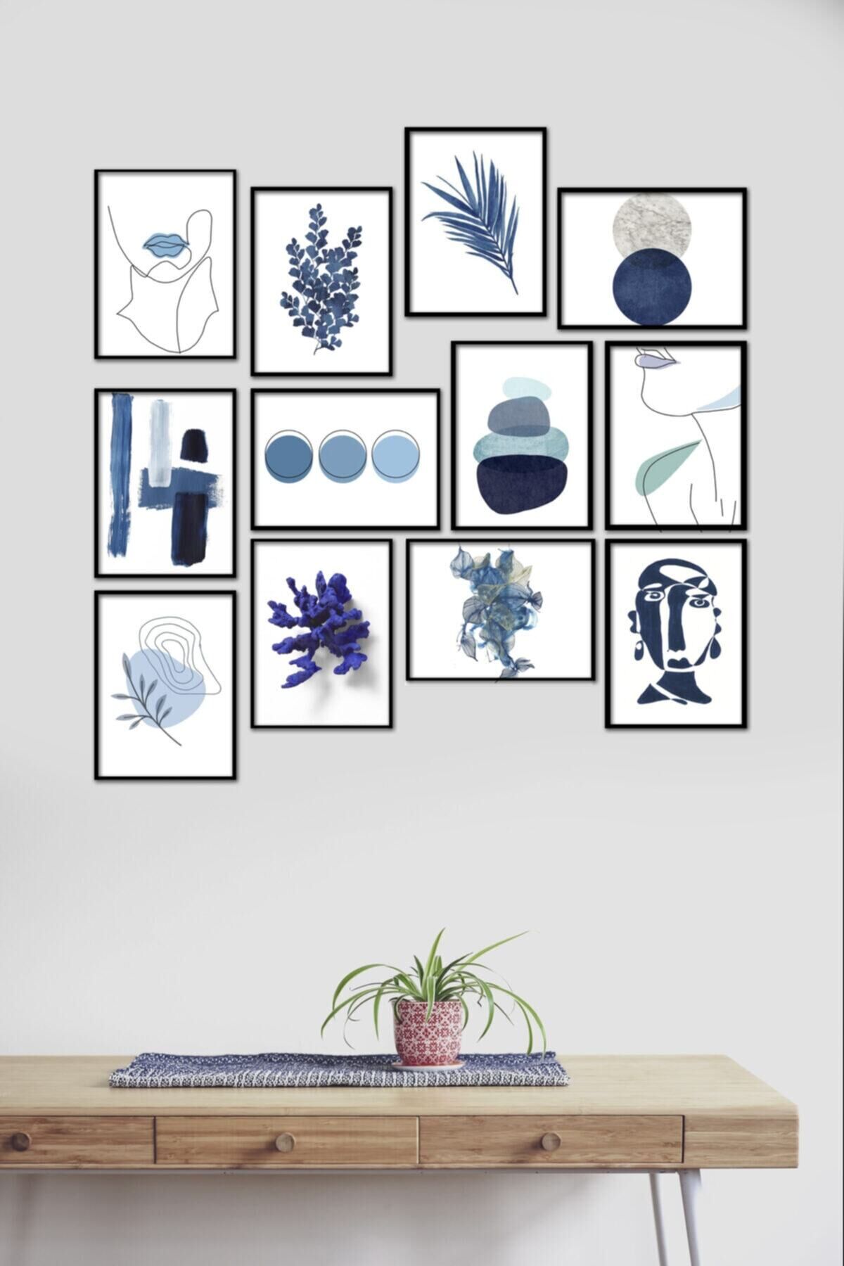 Tablo Duvar Tabloları Mavi Temalı Tablo Modelleri Salon Için Moder Tablolar 12 Adet 15x20 Cm