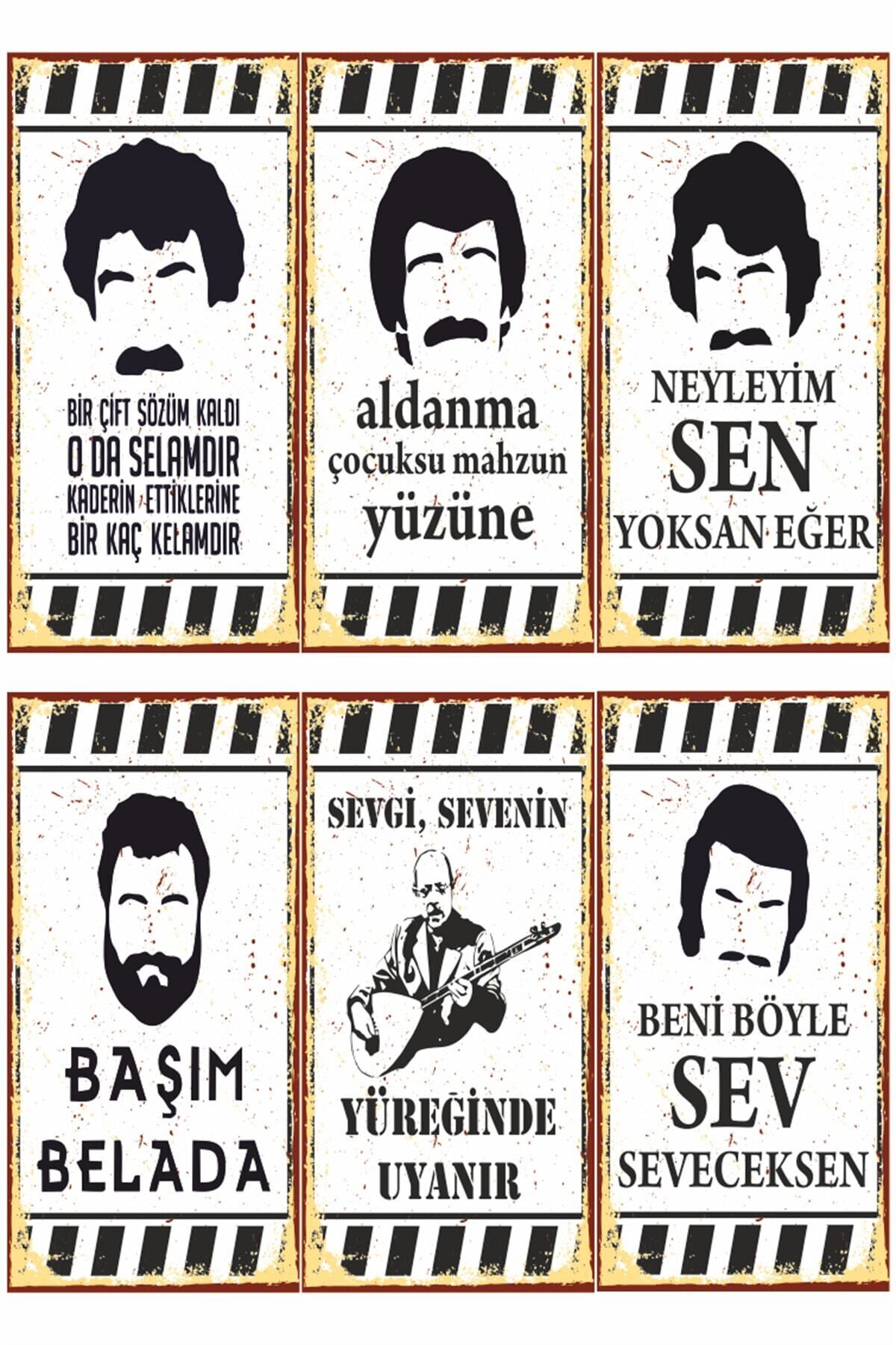 Arabesk Müslüm Ahmet Kaya Neşet Ertaş Duvar Yazıları 6lı Mini Retro Ahşap Poster Seti