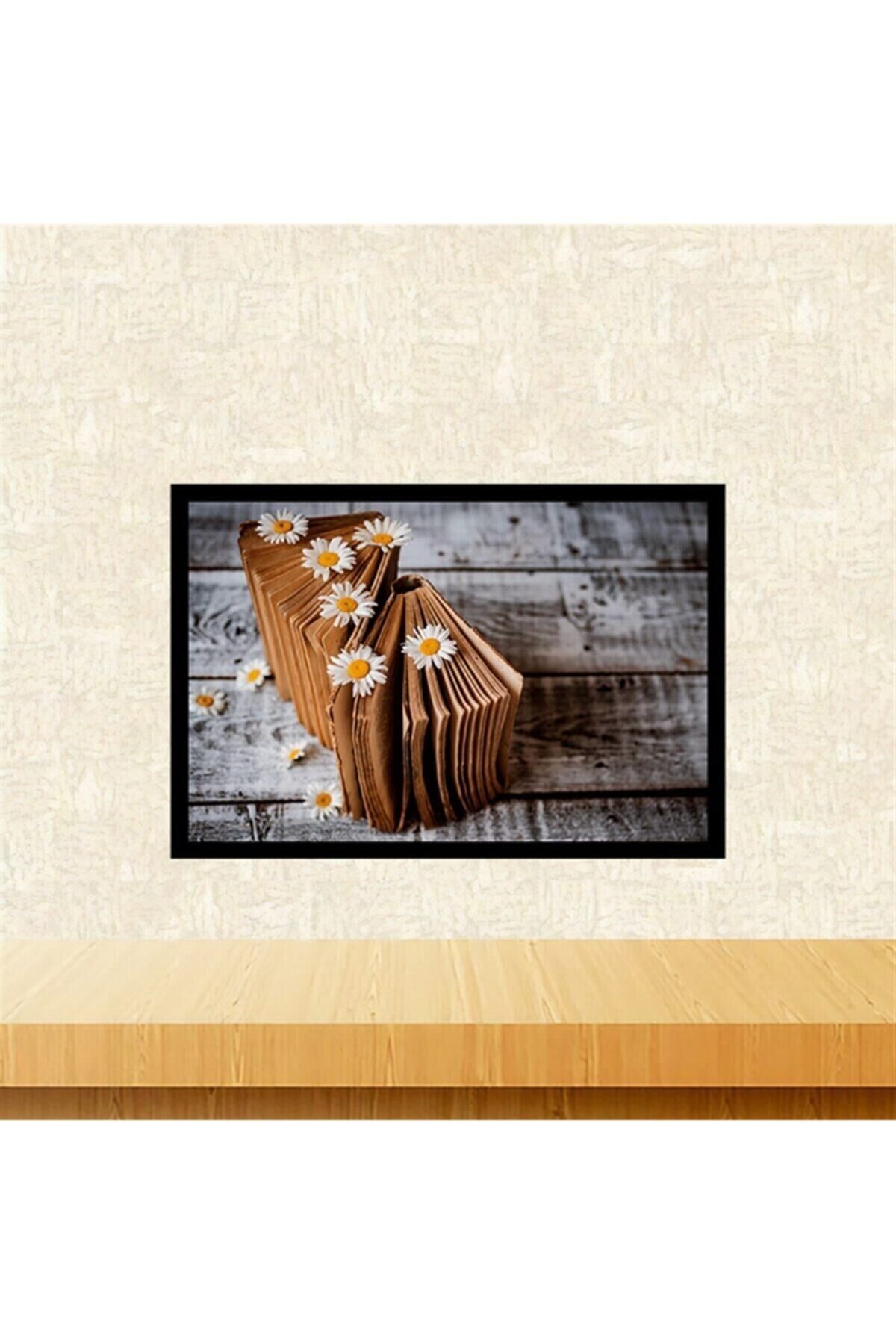 Papatyalar Ve Kitaplar Tasarımlı 20-30 Cm Retro Ahşap Tablo Tkfx5992