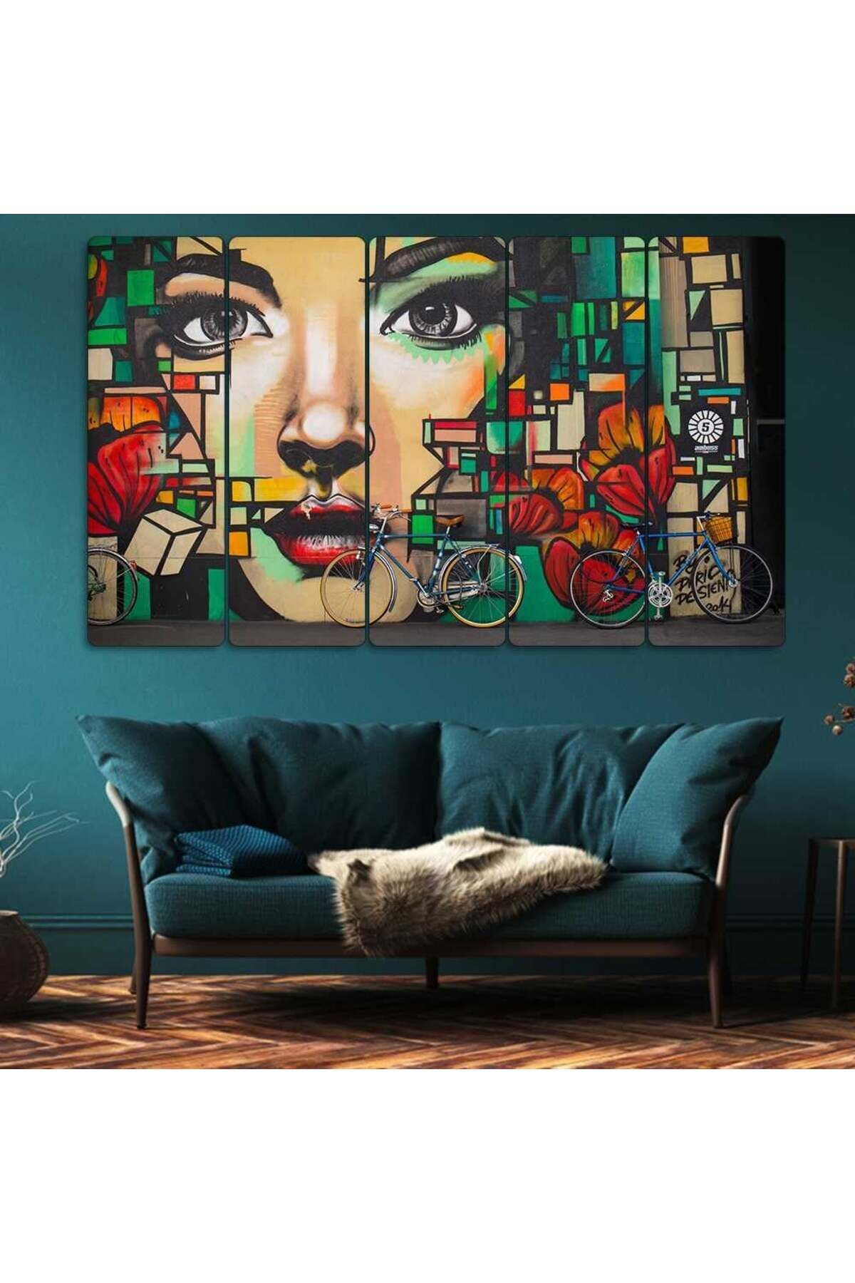 Kadın Graffiti, Duvar Sanatı, Bisiklet - 5 Parçalı Tablo