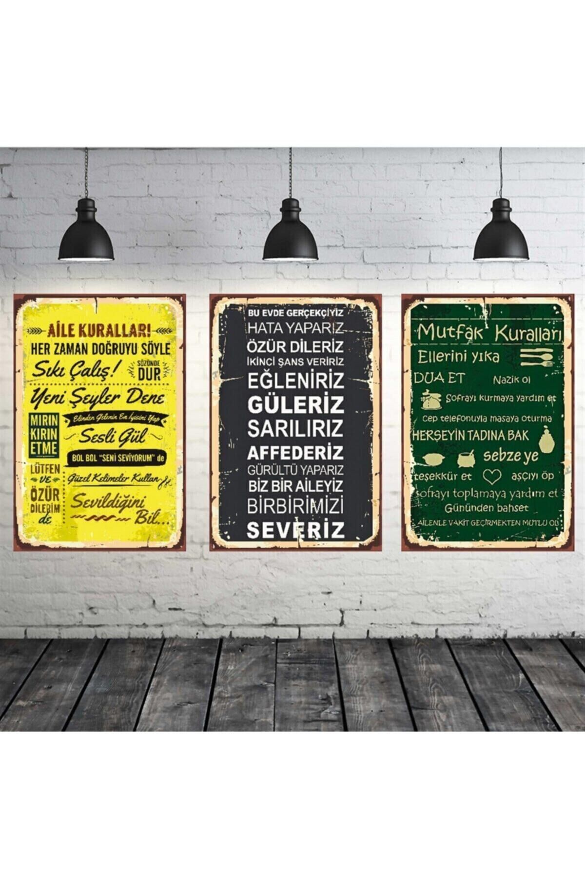 Aile Ve Mutfak Kuralları Temalı 3 Adet 20-30 cm Mdf Tablo Seti