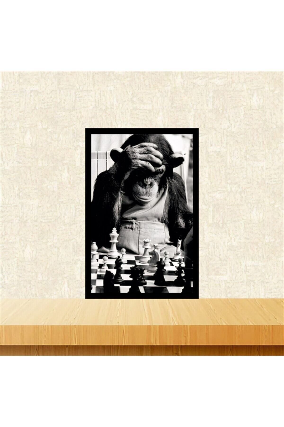 Satranç Oynayan Maymun Tasarımlı 20-30 Cm Retro Ahşap Tablo Tkfx5928