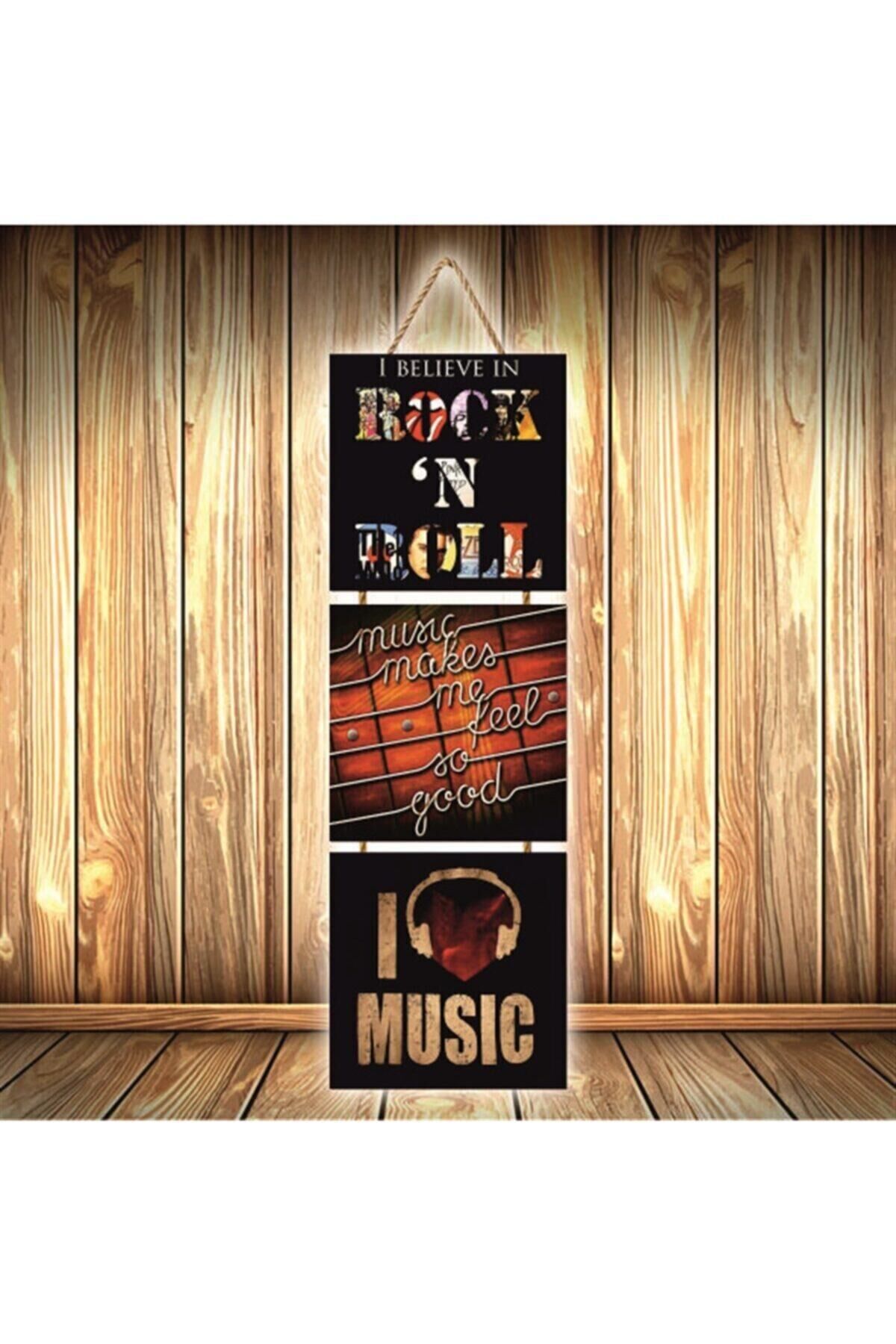 Rock'n Rool Tasarımlı Üçlü Retro Ahşap Poster Ü338