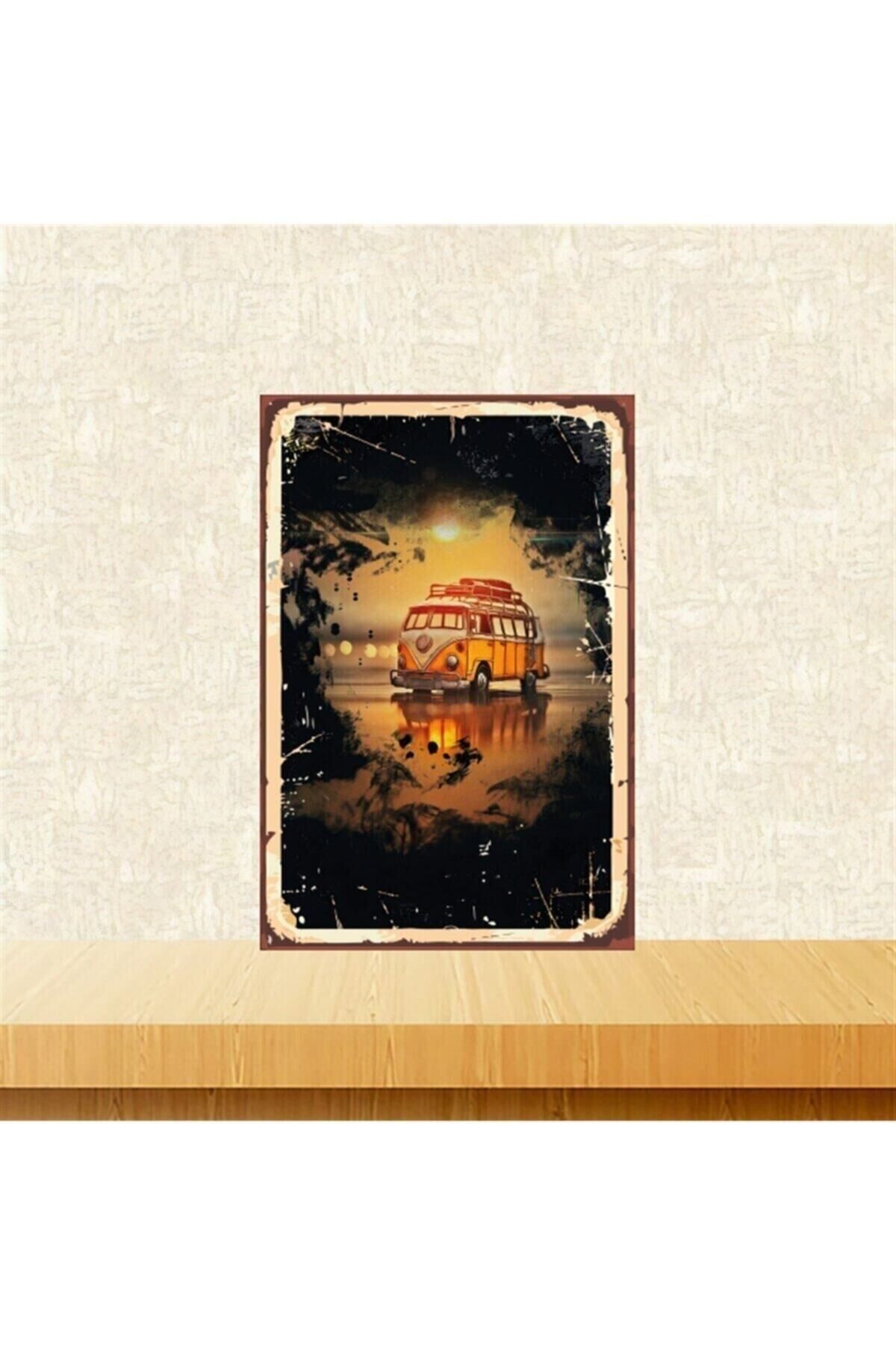 Karavan Ve Günbatımı 20-30 Cm Retro Ahşap Tablo Tkfx5114