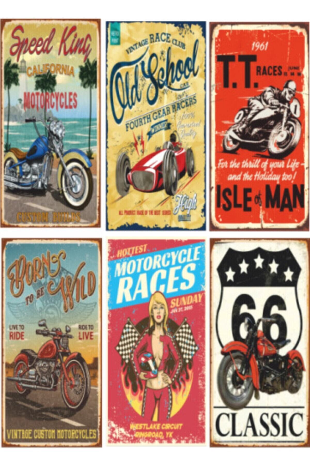 Araba Motor 6lı Retro Ahşap Poster Seti-3