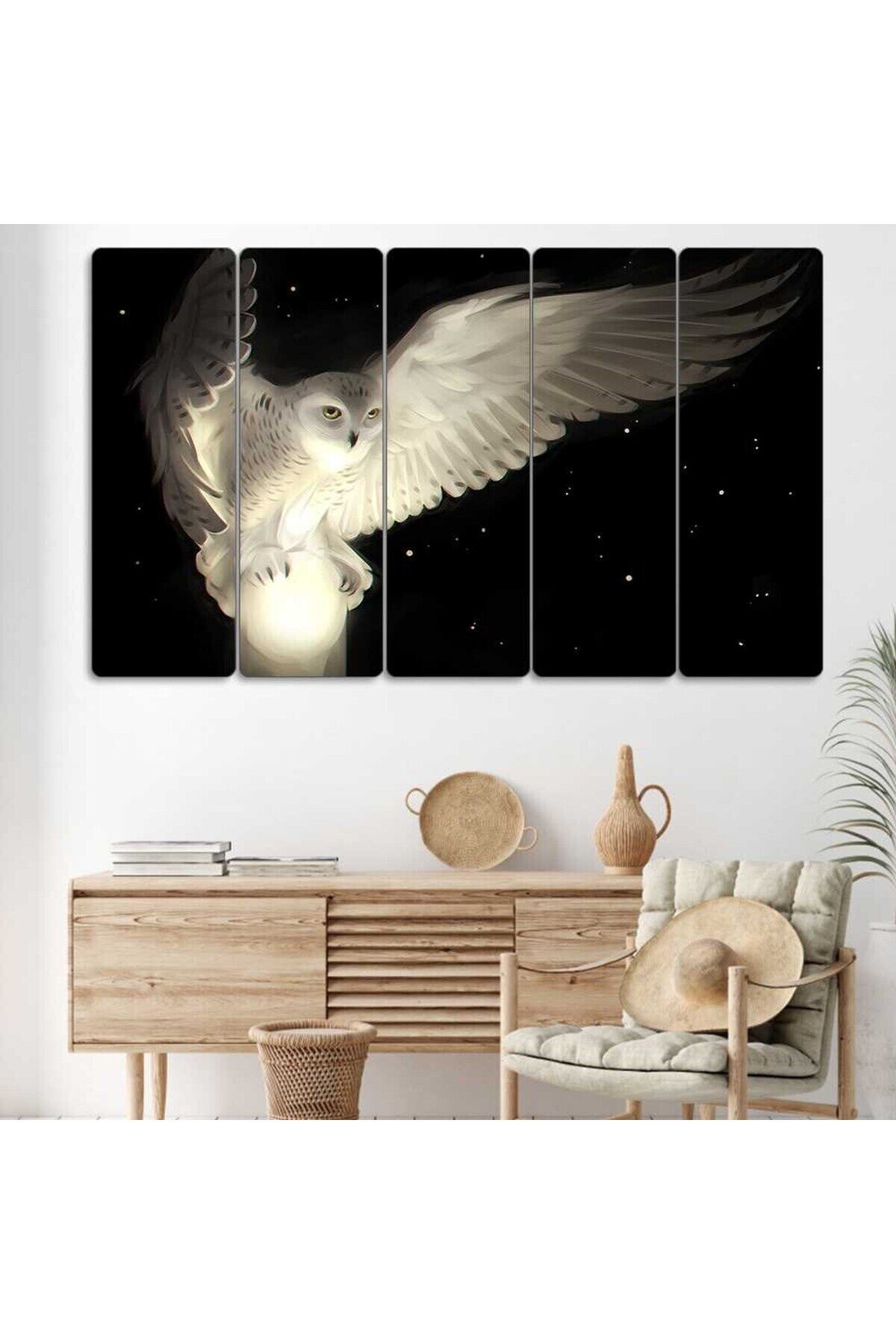 Beyaz Baykuş, Kuş, Yıldızlar - 5 Parçalı Tablo