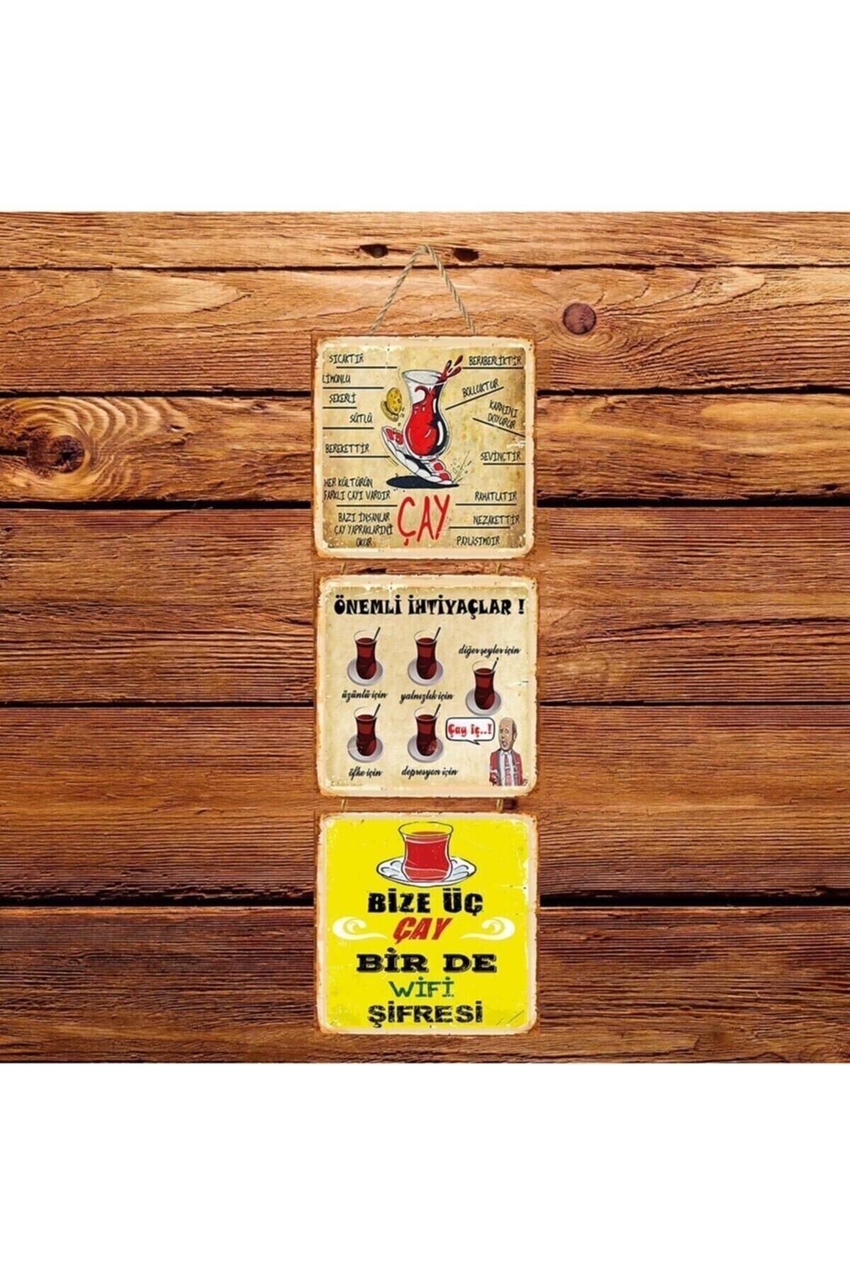 Çay Beraberliktir Üçlü Retro Ahşap Poster