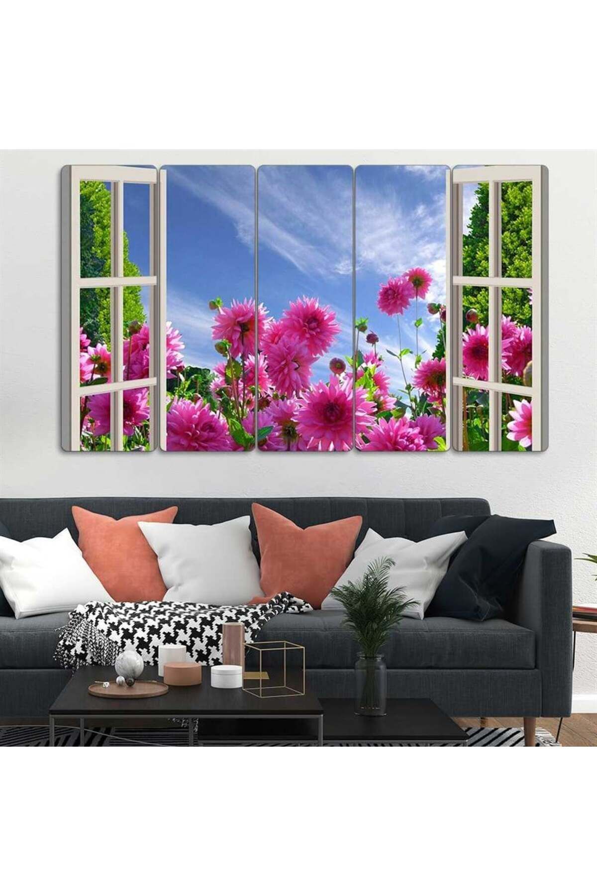 Yıldız Çiçeklerine Açılan Pencere - 5 Parçalı Çiçek Tablo