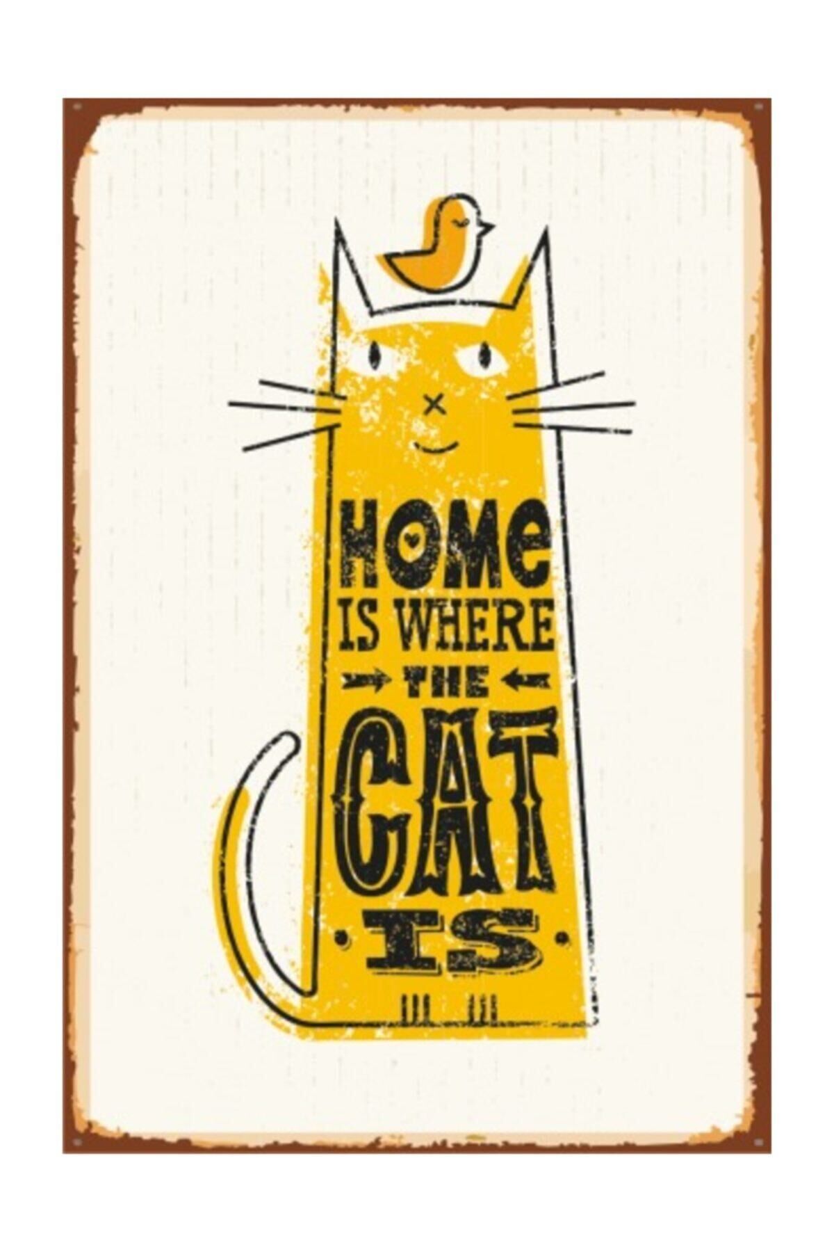 Kedinin Olduğu Her Yer Evdir (10 Cm X 20 Cm) Mini Retro Ahşap Poster