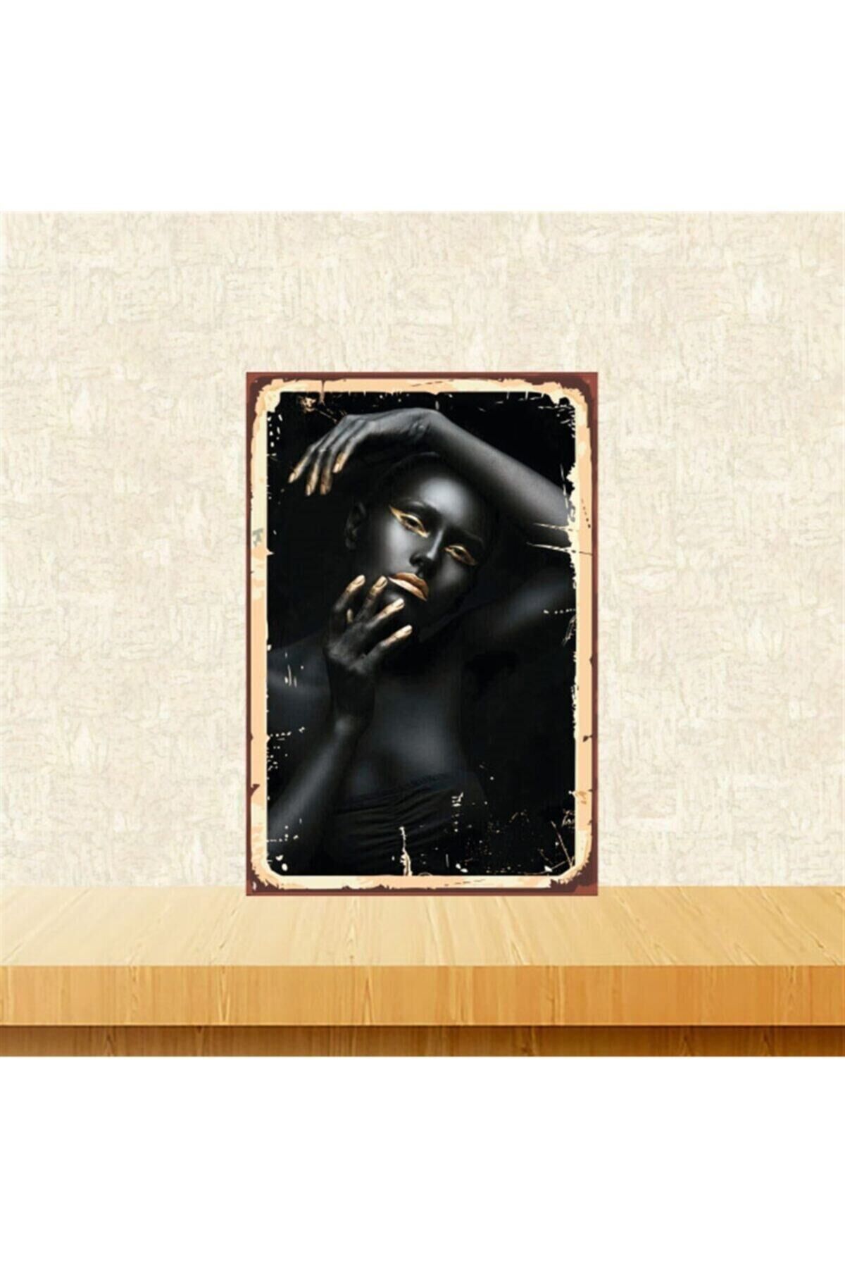 Poz Veren Siyahi Kadın 20-30 Cm Retro Ahşap Tablo Tkfx4883