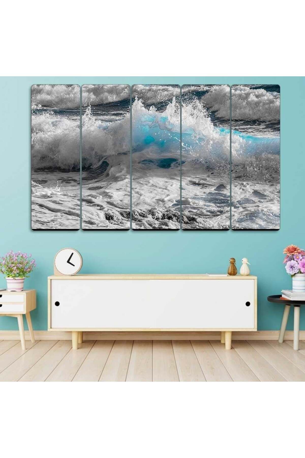 Kumsala Vuran Dalgalar, Deniz - 5 Parçalı Tablo
