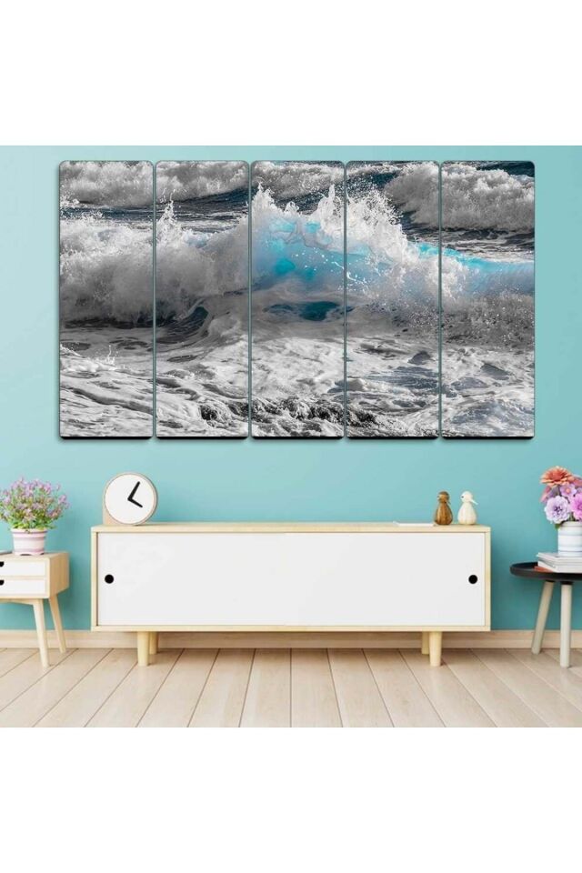Kumsala Vuran Dalgalar, Deniz - 5 Parçalı Tablo