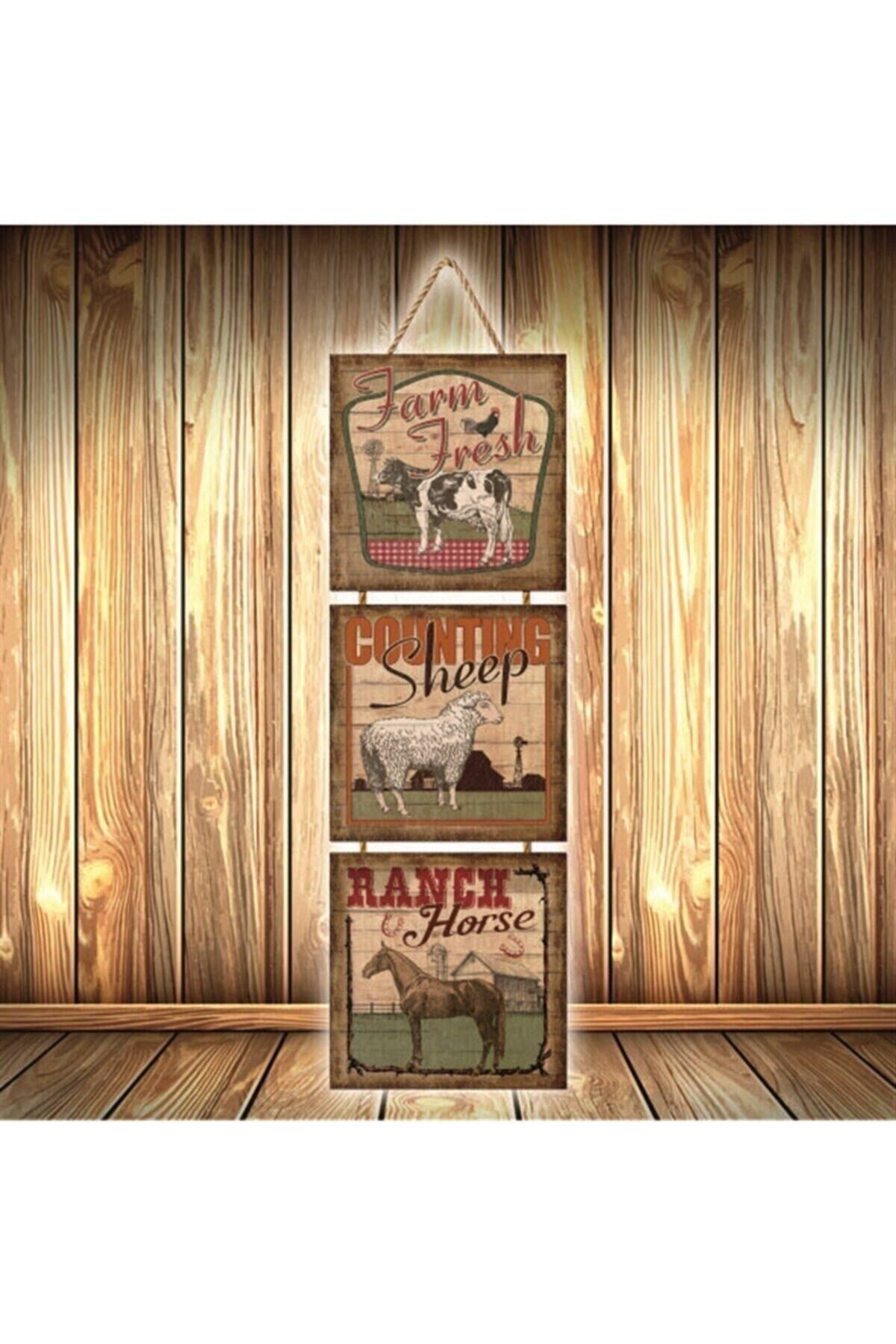 Hayvan Çiftliği Tasarımlı Retro Ahşap Poster Üçlü Ü377