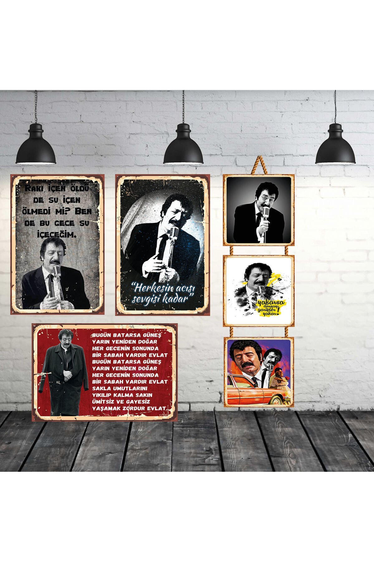 Müslüm Gürses Sözleri Seti 3 Adet 20x30 Cm 3 Adet 15x15 Cm Retro Ahşap Tablo