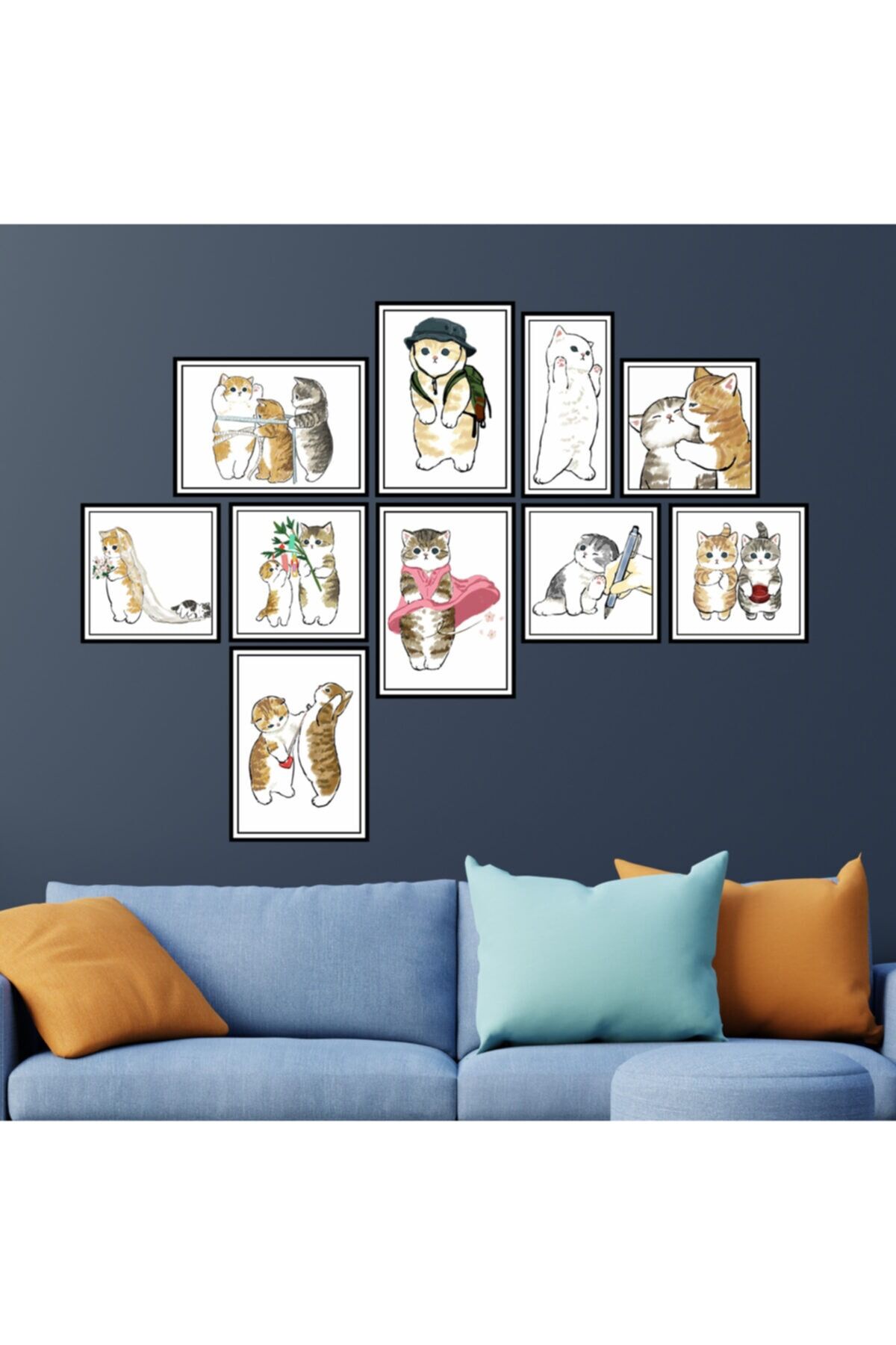 Kedili Ahşap Duvar Posterleri - 10 Parça Haylaz Kedi Set Poster