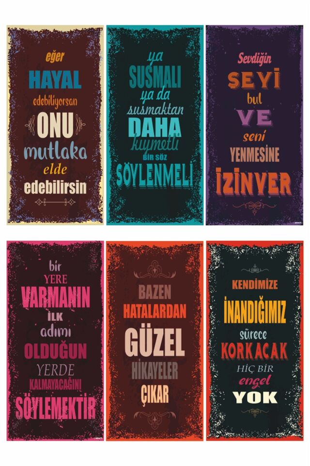 Motivasyon Eğlenceli Öğretici Duvar Yazıları-1- 6lı Mini Retro Ahşap Poster Seti