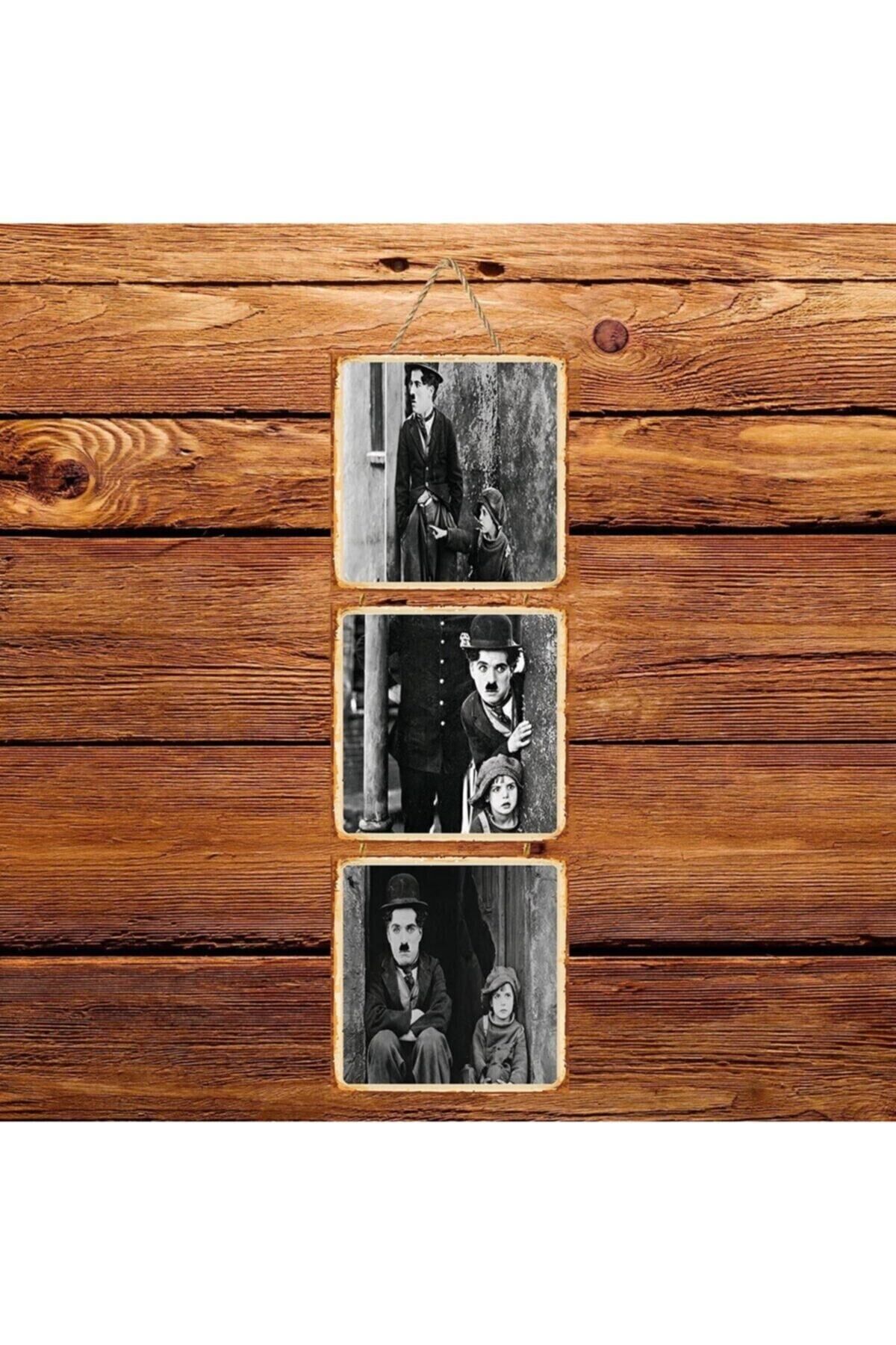 Charlie Chaplin The Kid Üçlü Retro Ahşap Poster